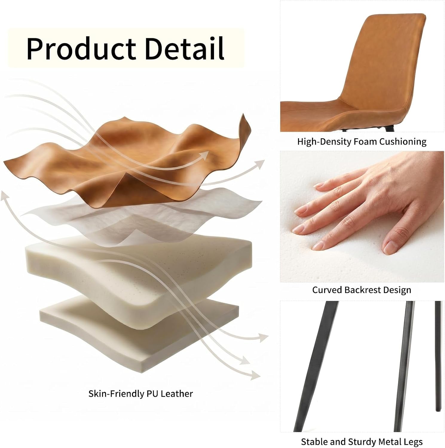 Layered diagram of cushion materials with separate photos of a brown chair back, hand pressing foam, and metal legs.