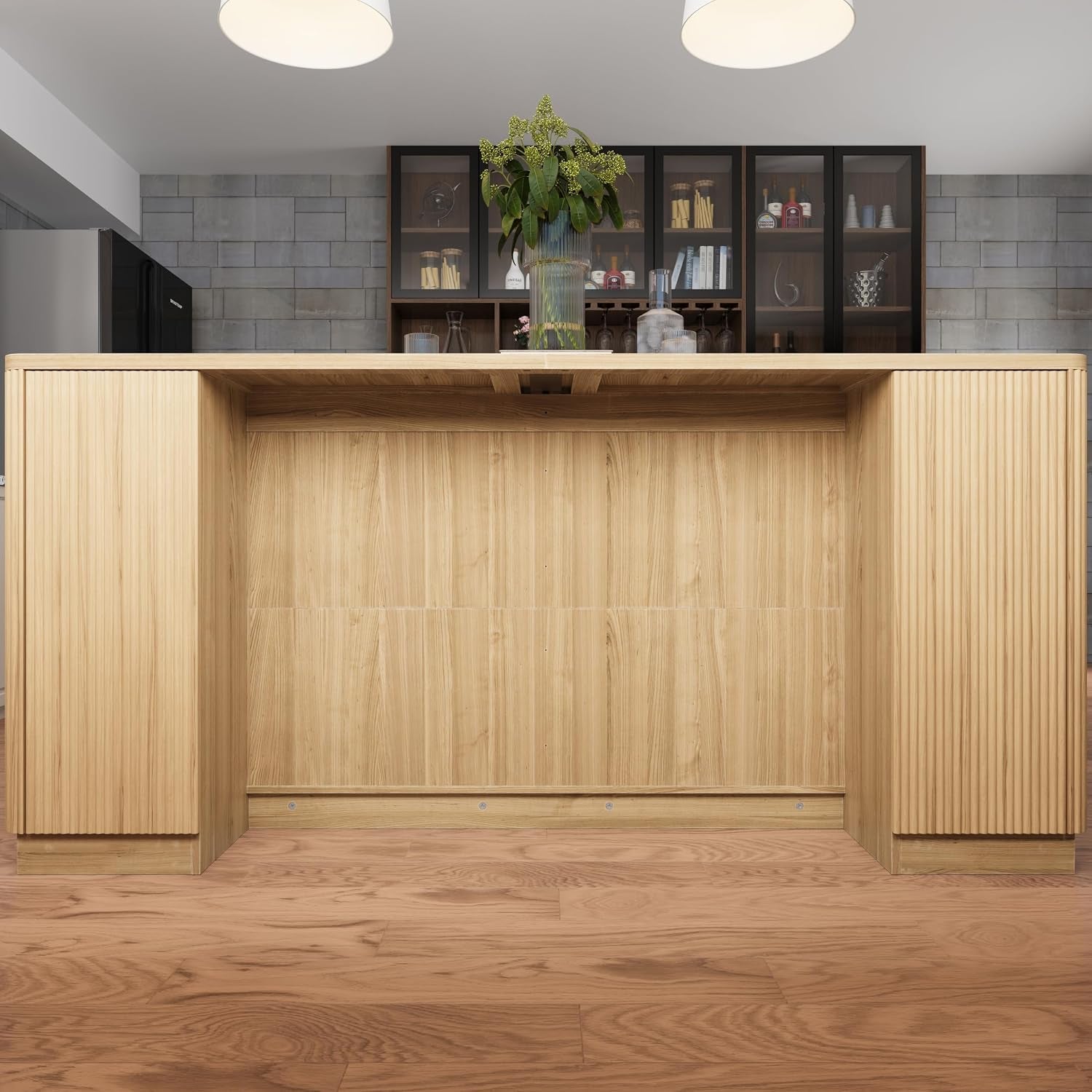Under-counter view of island showing recessed kneewell and grooved wood-grain panels