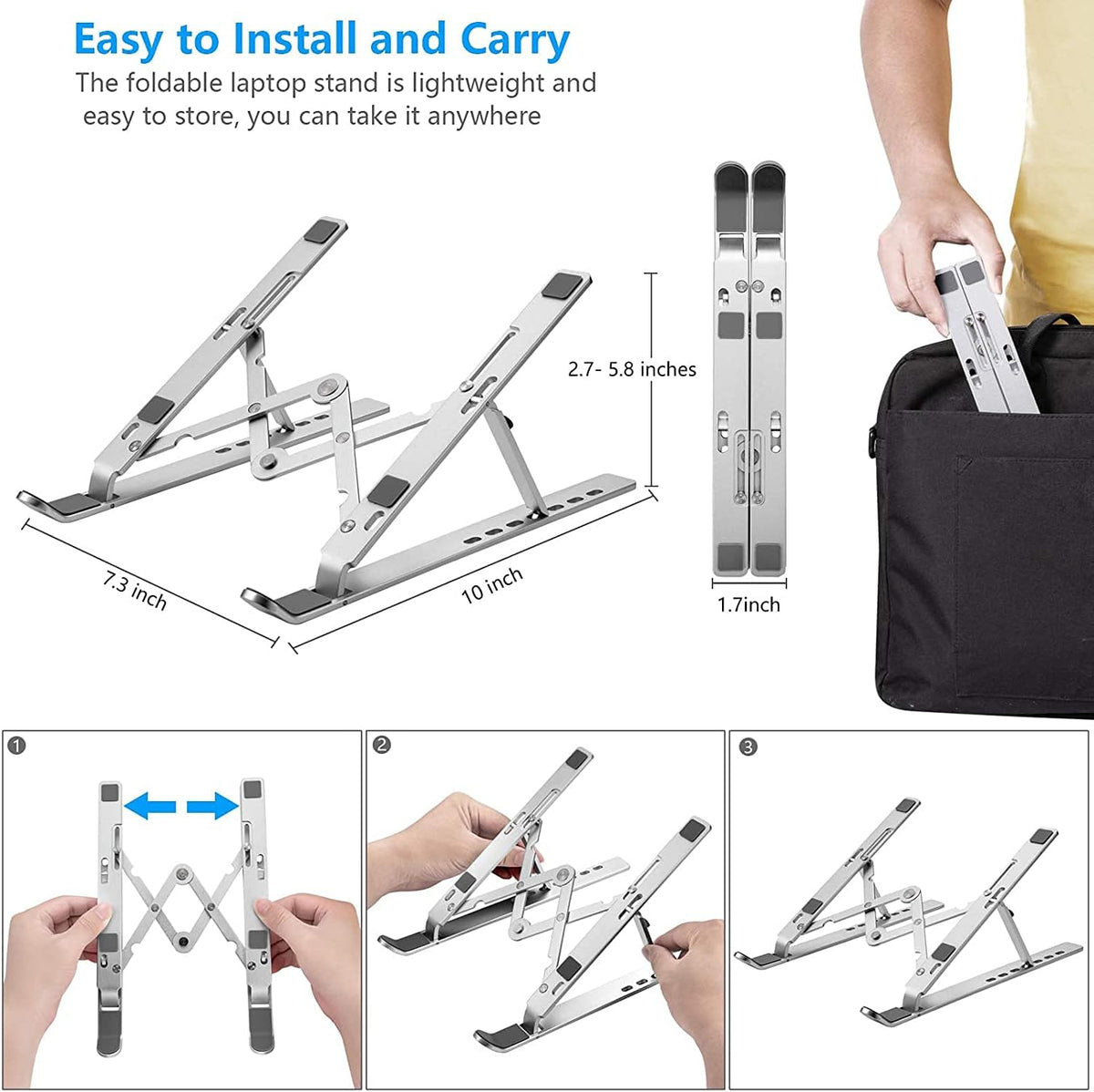 Folded and extended views of the aluminum stand with hands demonstrating how to open and set up the riser