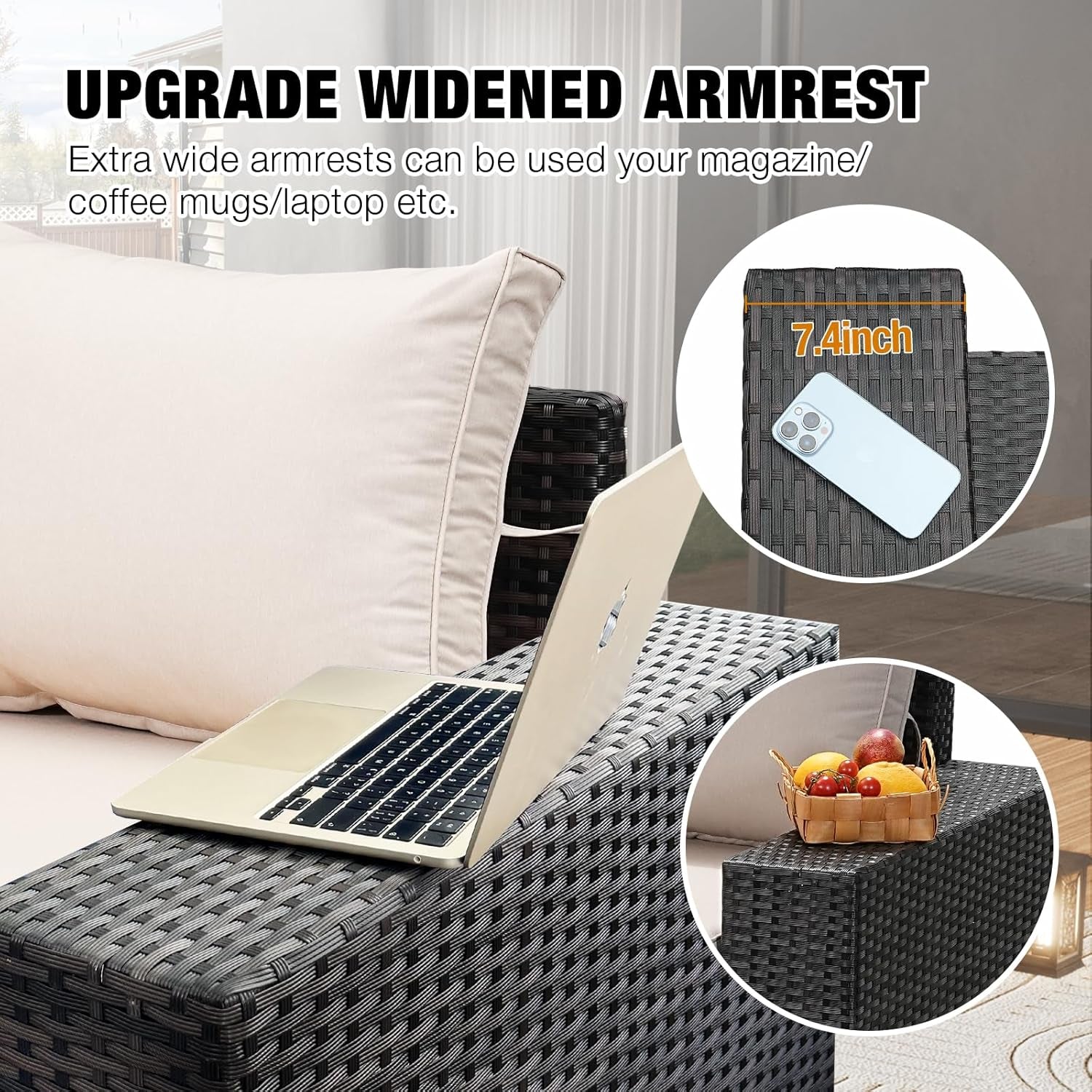 Close-up of widened rattan armrest with laptop and phone to show armrest surface and width