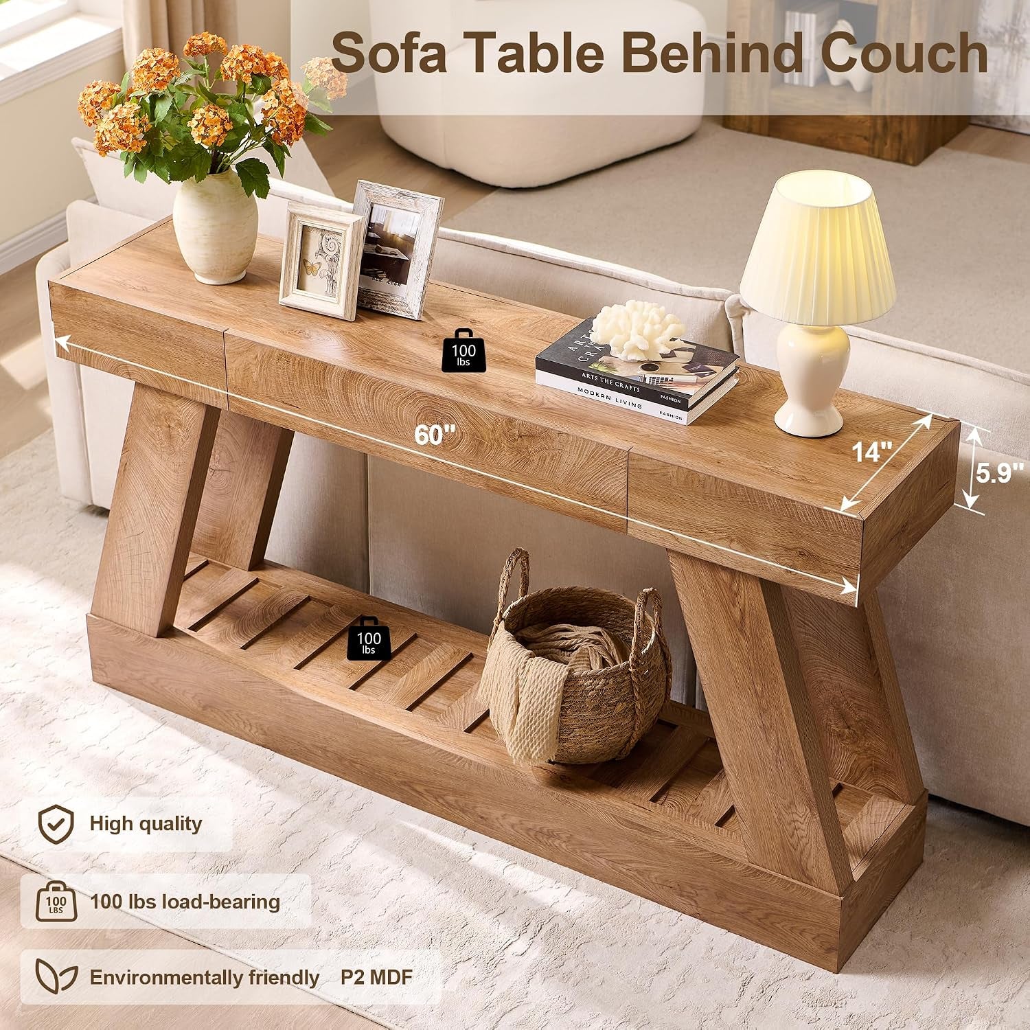 Console table styled behind a sofa with size, load-capacity, and material callouts.
