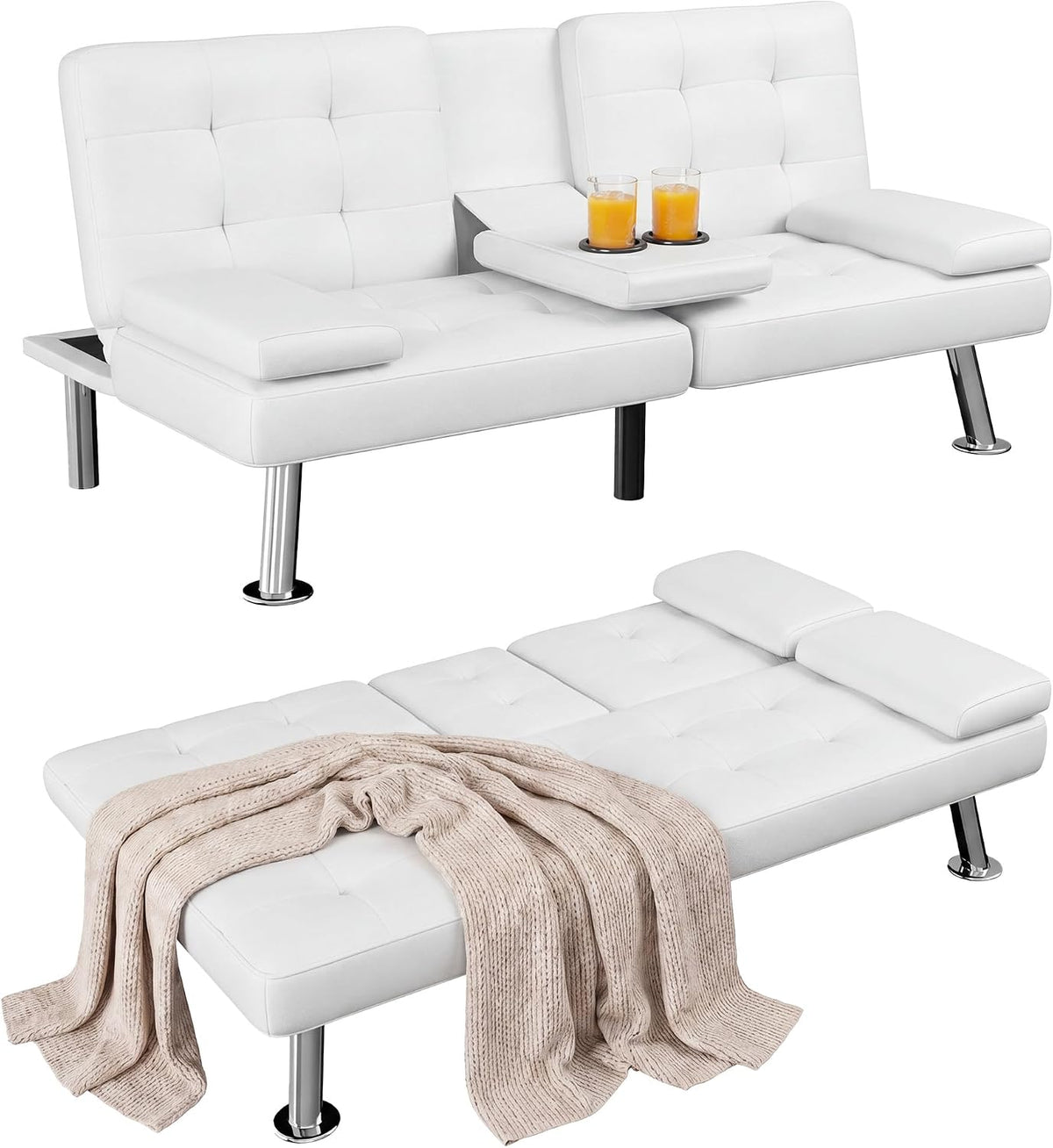 White futon sofa converted into sofa and flat bed, center cup-holding armrest with two glasses and draped beige blanket.