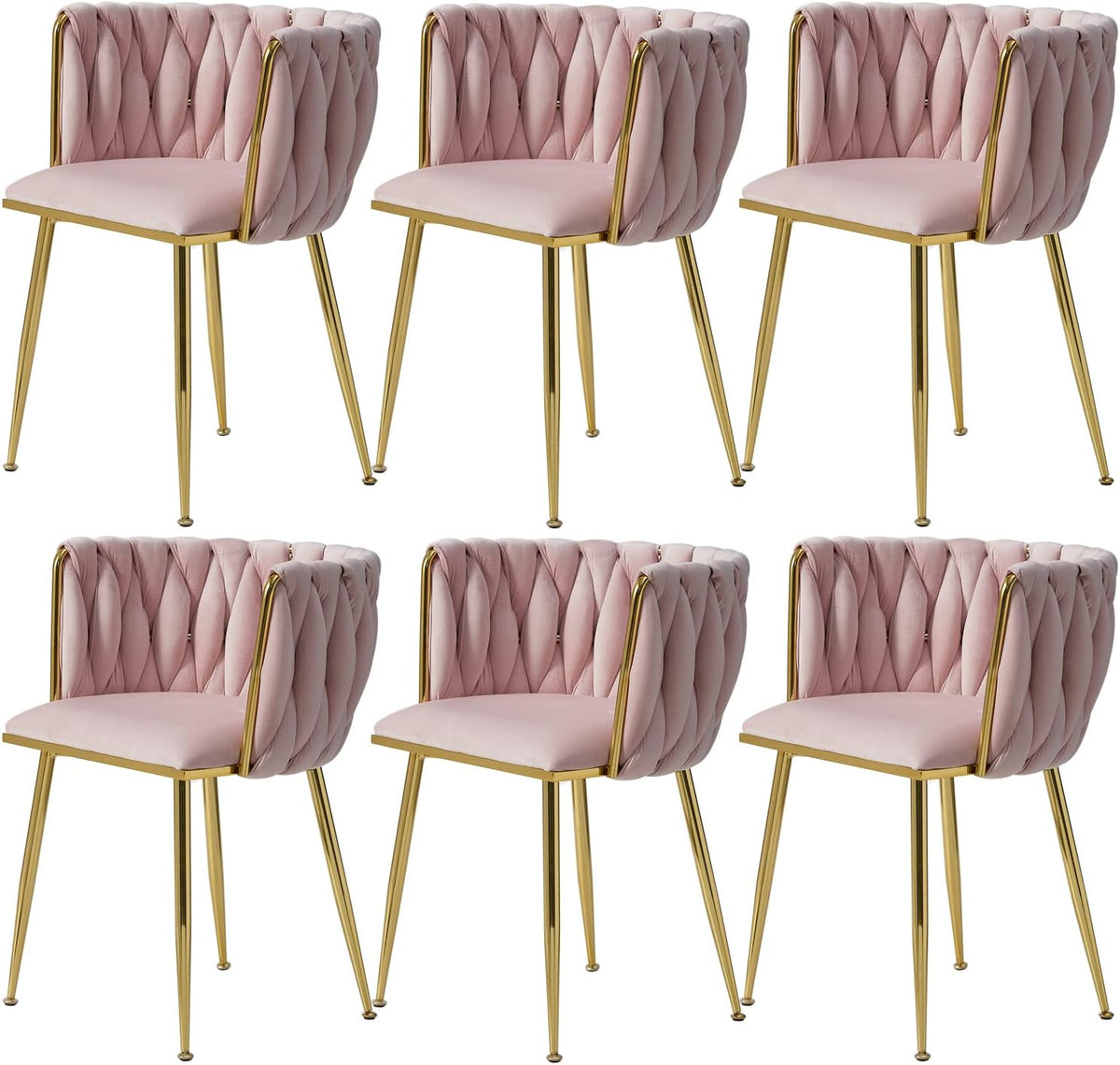 Six blush pink velvet dining chairs with quilted curved backs and gold tapered legs shown from front three-quarter view
