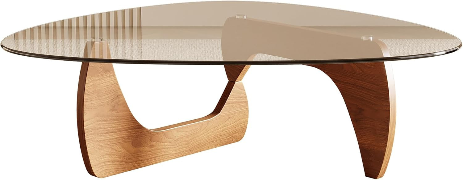 Clean studio-style side view of triangle tempered glass top on natural wood-finish MDF legs