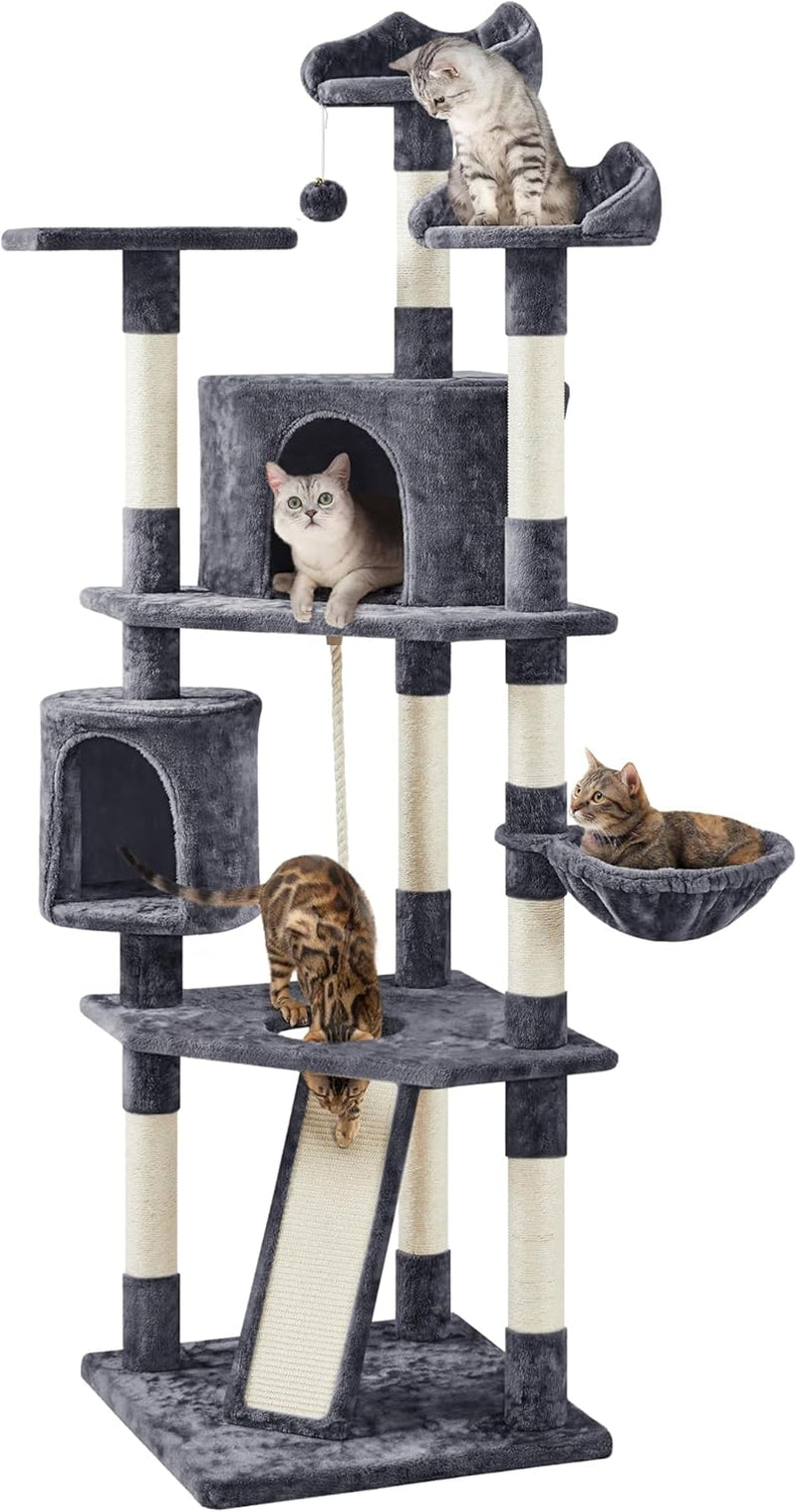 Front-facing dark gray cat tree showing ramp, scratching posts, two condos and multiple platforms with cats.