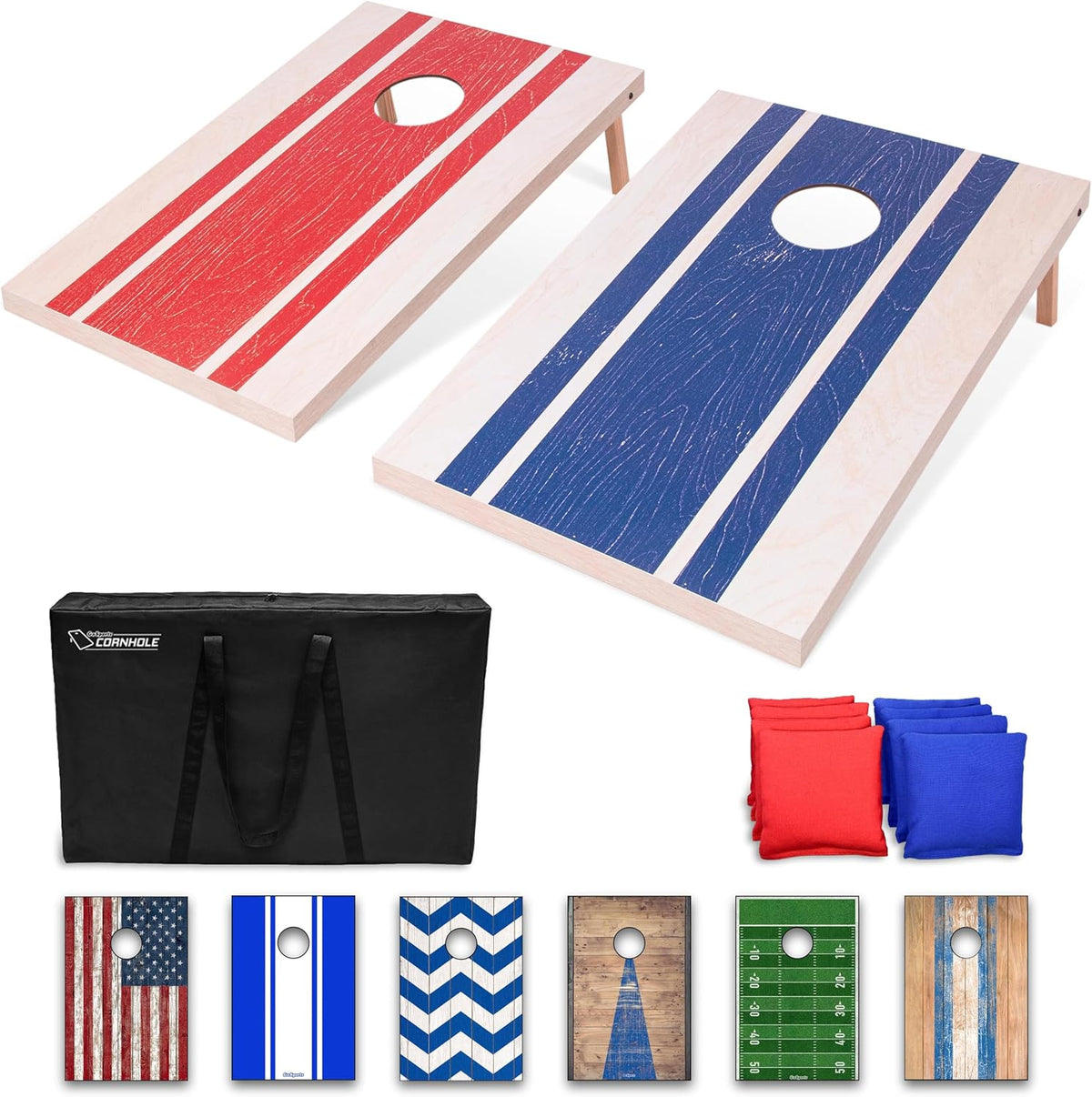 High-angle view of red and blue striped boards with carry case at bottom and a row of six alternate printed board tops along