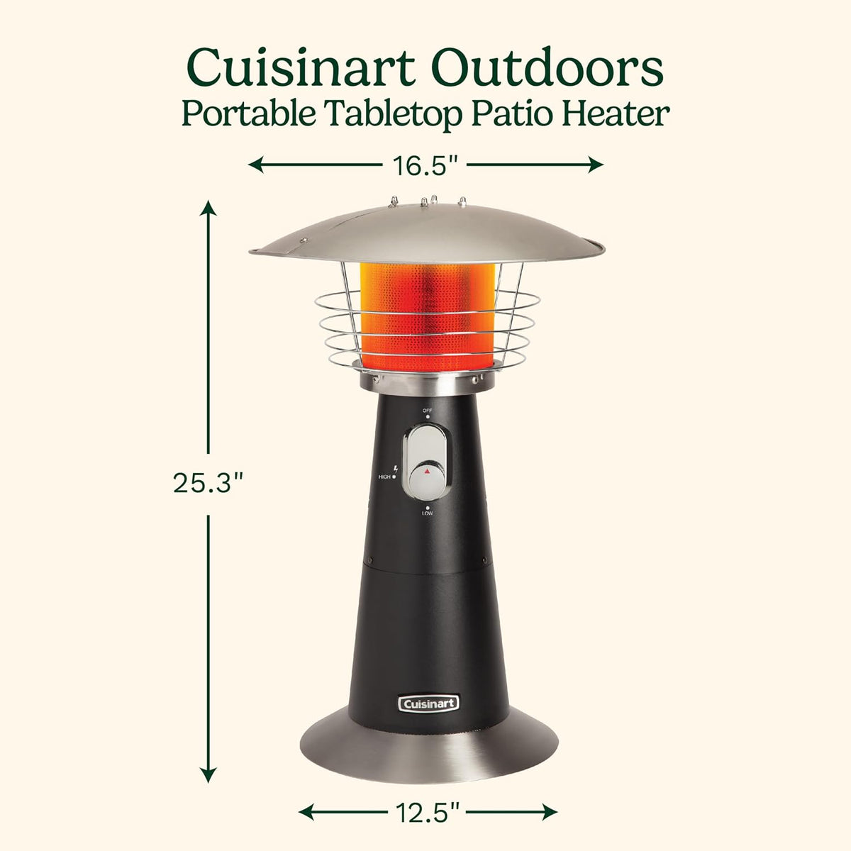 Black tabletop patio heater front view with arrows indicating 25.3" height and 16.5" top width