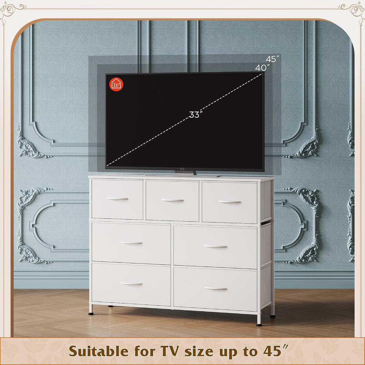 Front view of the white dresser with a TV-size overlay illustrating compatibility with televisions up to 45 inches