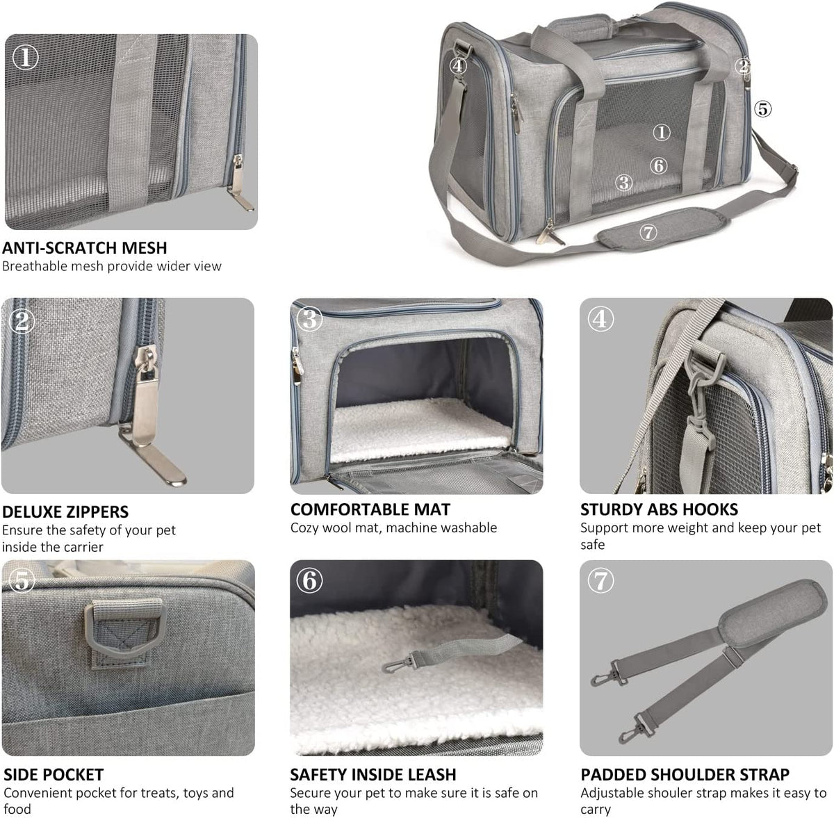 Collage of close-ups highlighting mesh panels, zippers, interior safety leash, side pocket, hooks and padded shoulder strap.