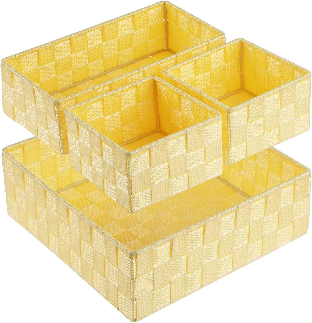 Three bright yellow woven baskets displayed stacked and offset to show interiors.