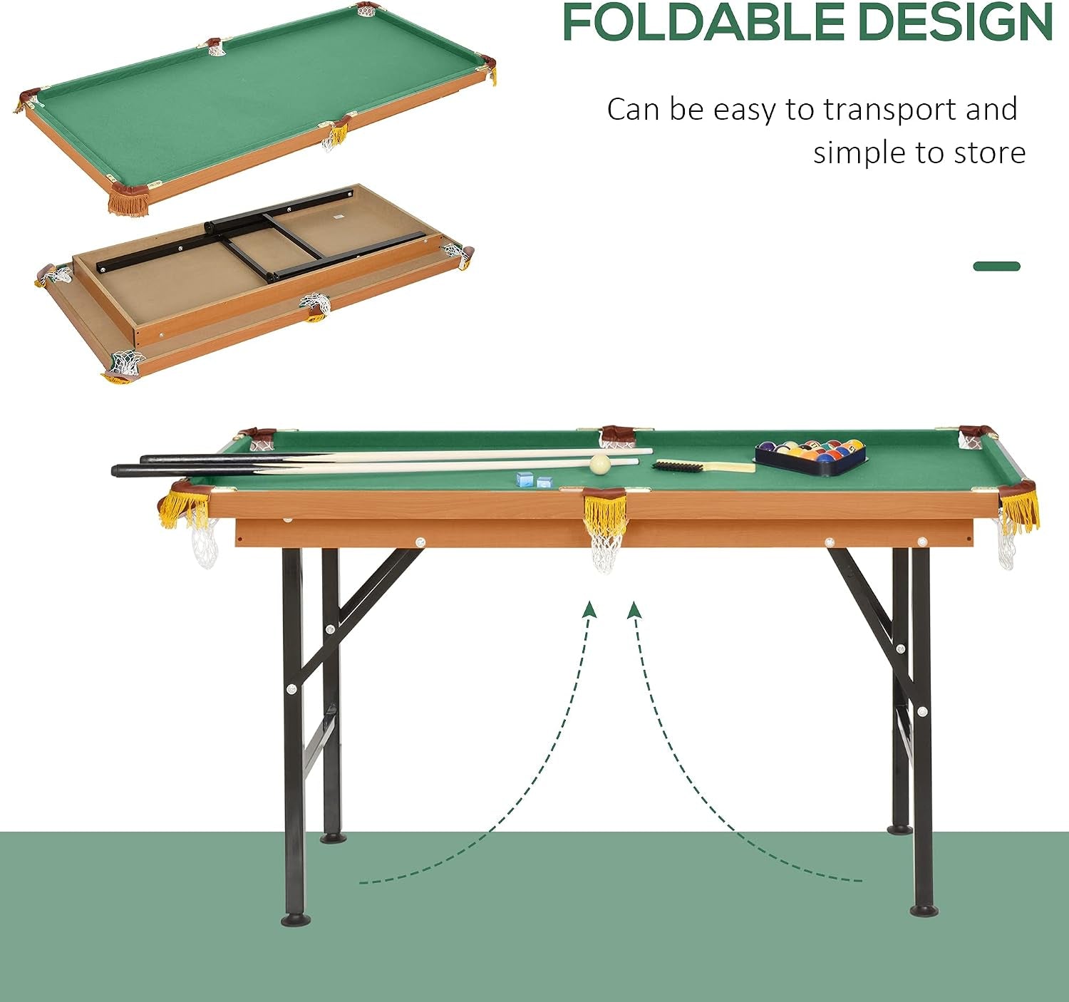 Foldable design shown folded and unfolded with green felt top and visible underside metal folding frame