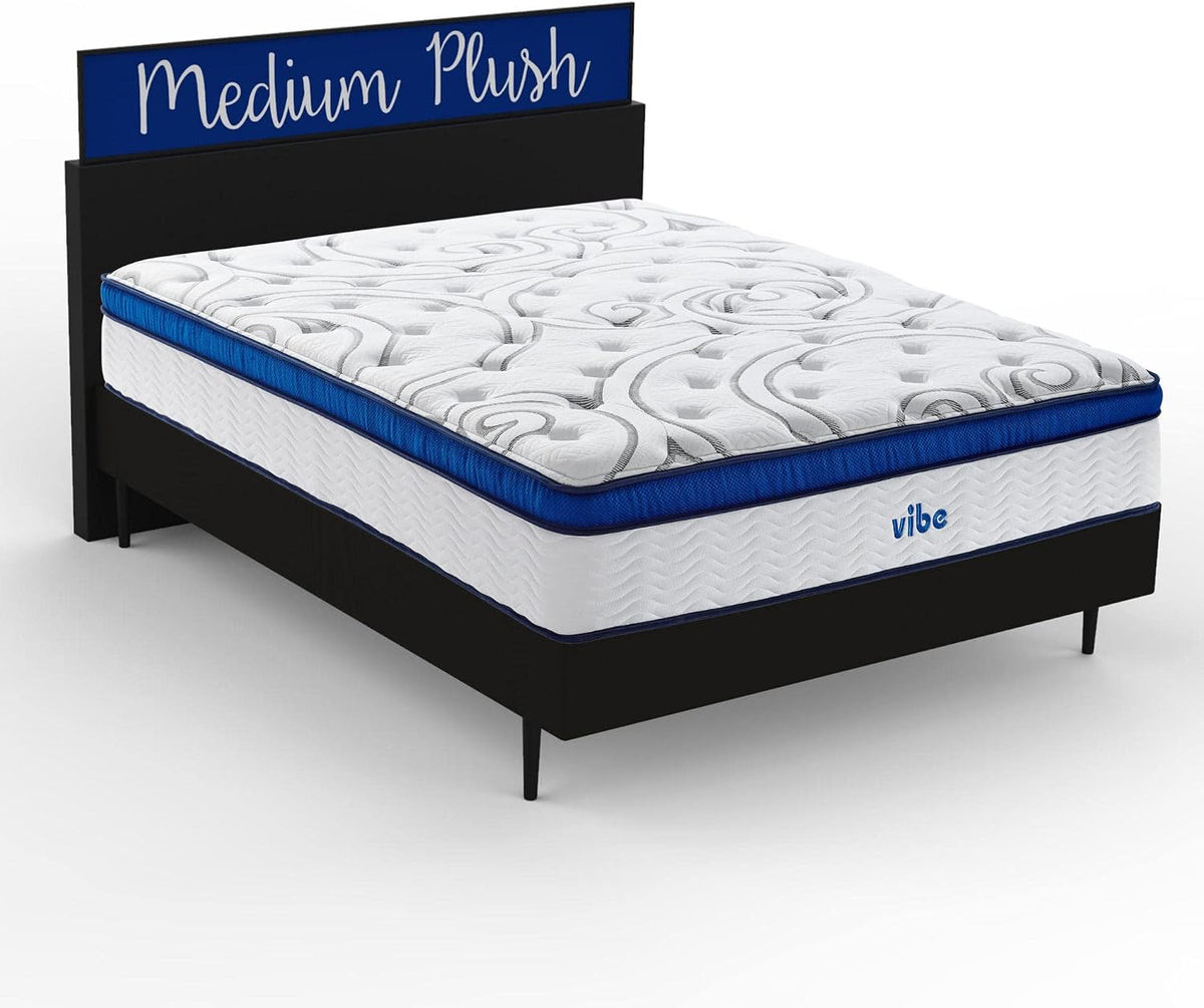 Quilted mattress with blue side panel on a black platform bed, angled front view