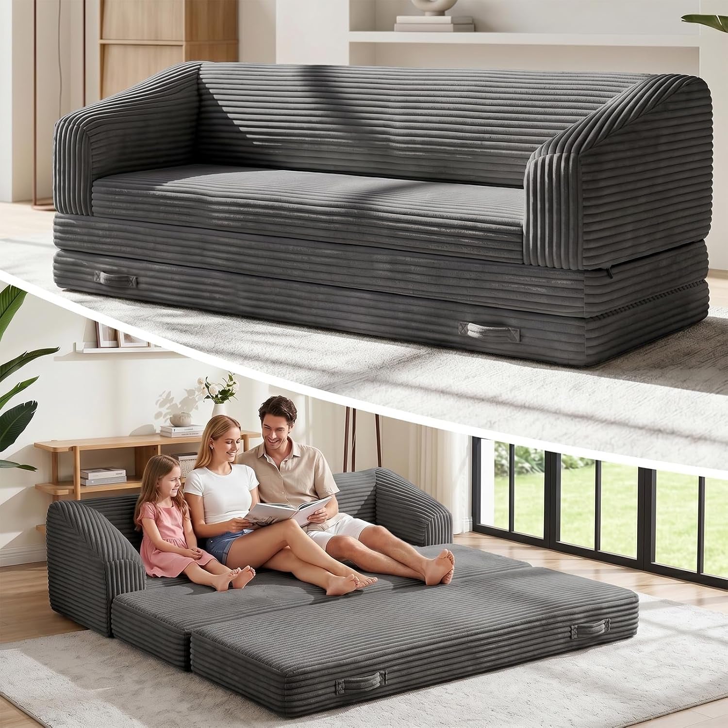 Dark-gray corduroy convertible sofa shown folded and opened with family seated