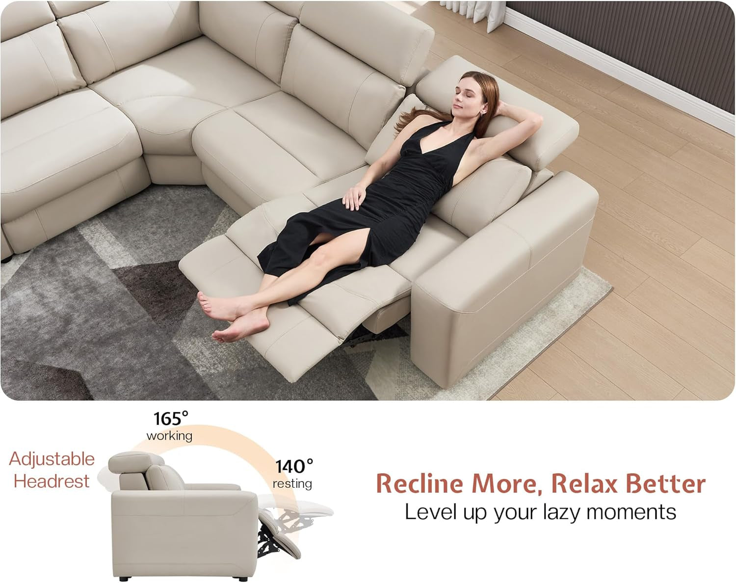 Top-down view of light beige sectional with a model reclining on a powered footrest and adjustable headrest