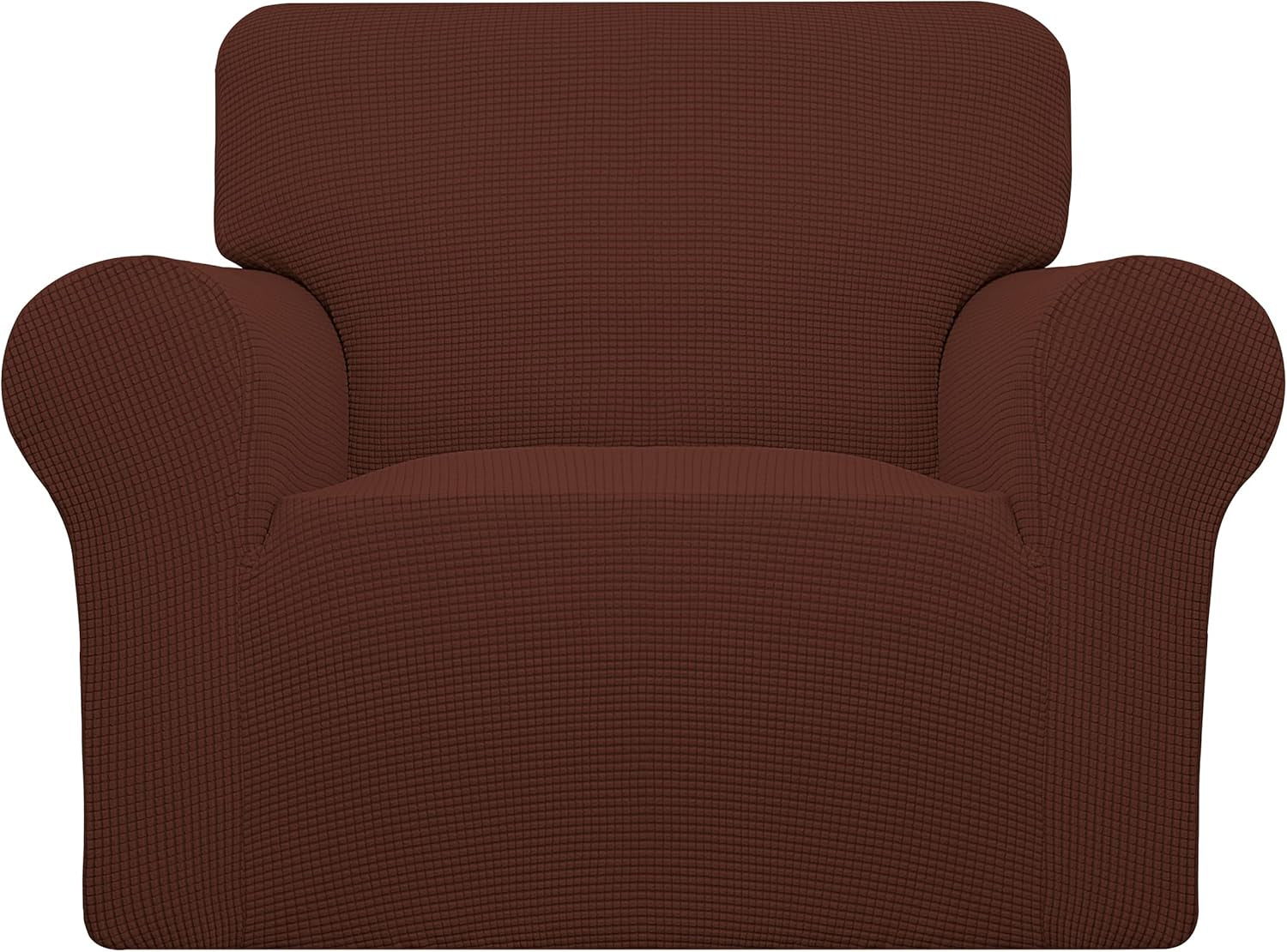 Close front view of a single-seat armchair covered in a brick-brown textured stretch slipcover