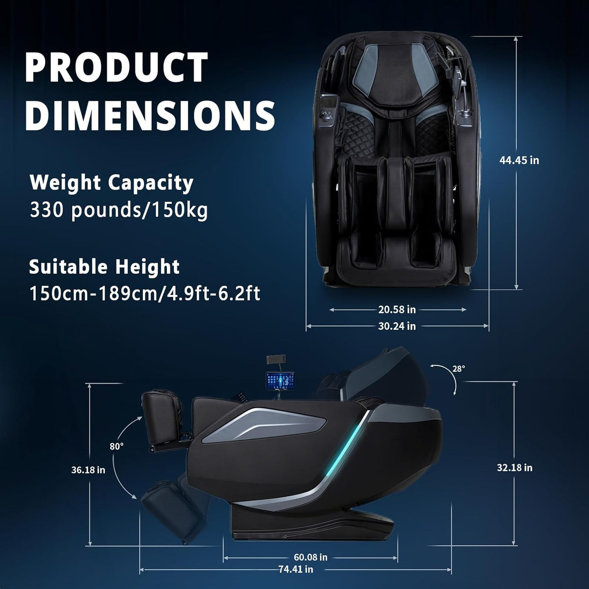 Top and side diagrams of the massage chair showing overall dimensions, recline angles and footprint measurements