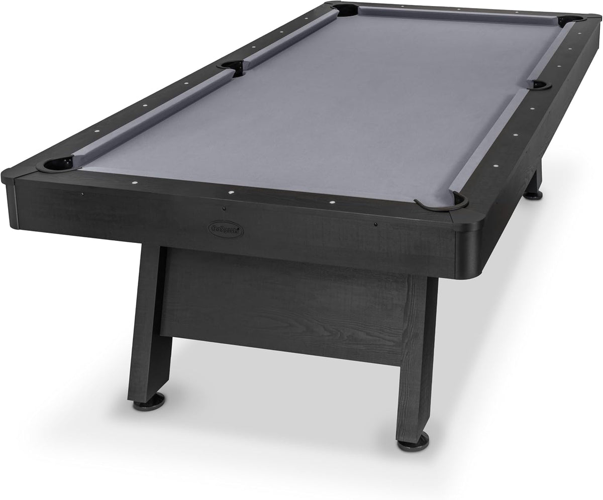 Front three-quarter view of a black-finished pool table with gray felt on a white background.