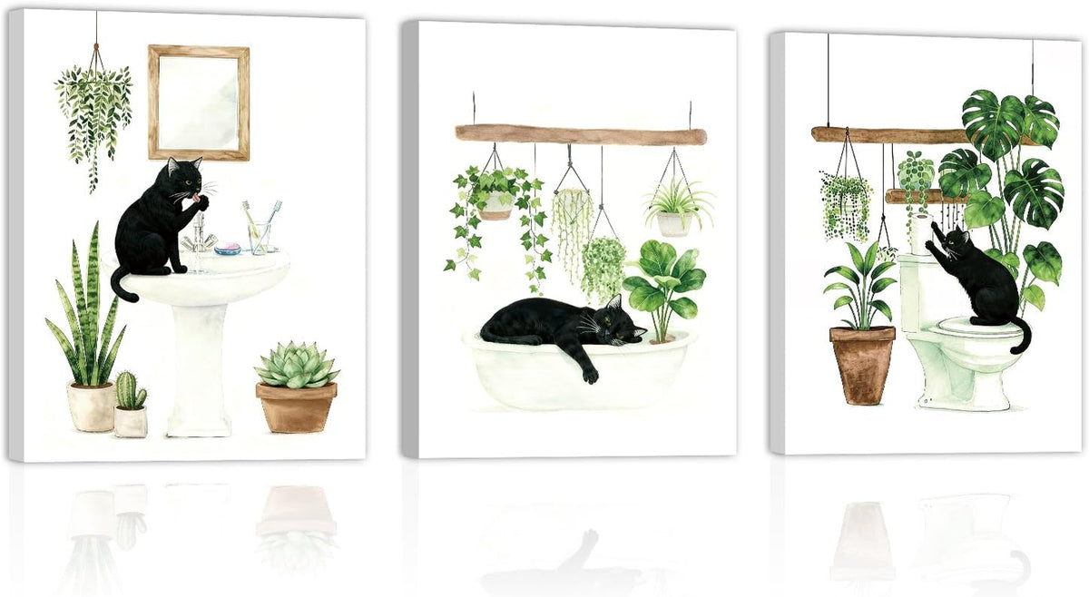 Three watercolor-style prints showing a black cat in bathroom scenes with potted plants and greenery.