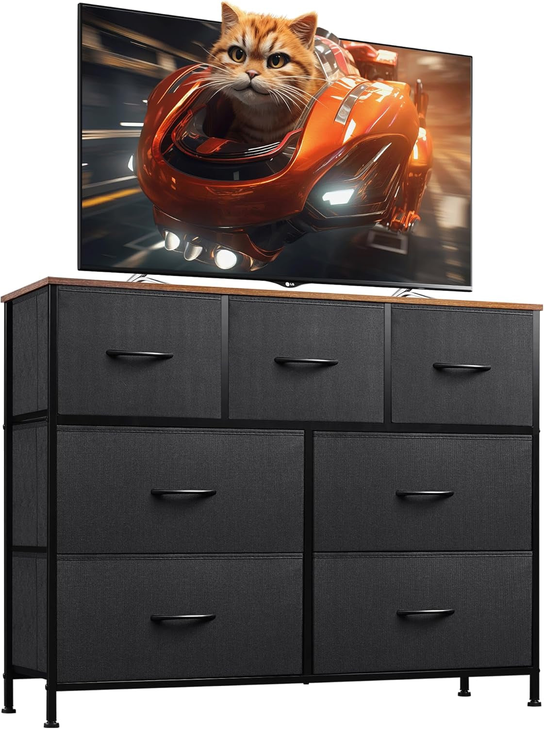 Black fabric-drawer dresser with wood top shown as a TV stand, cat image on screen