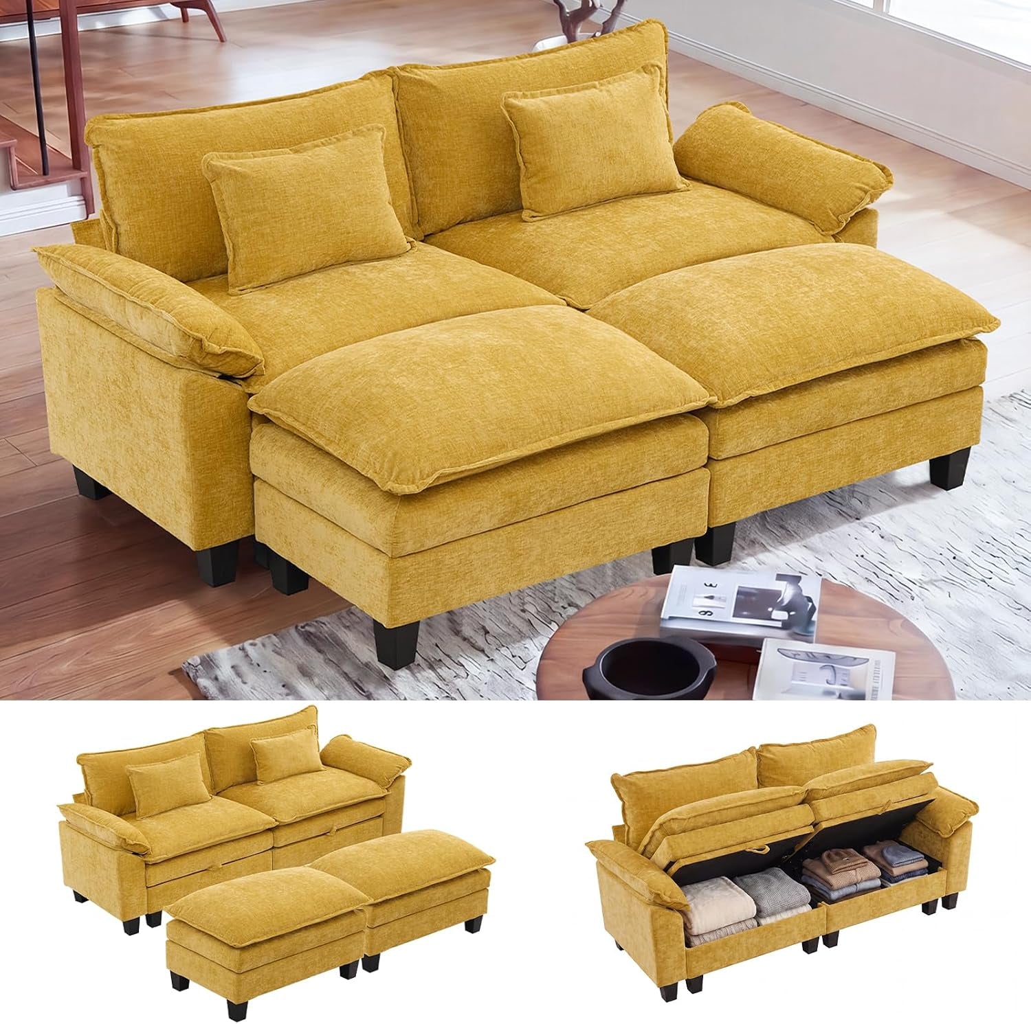 Mustard-yellow modular sofa with two matching ottomans, one showing open under-seat storage