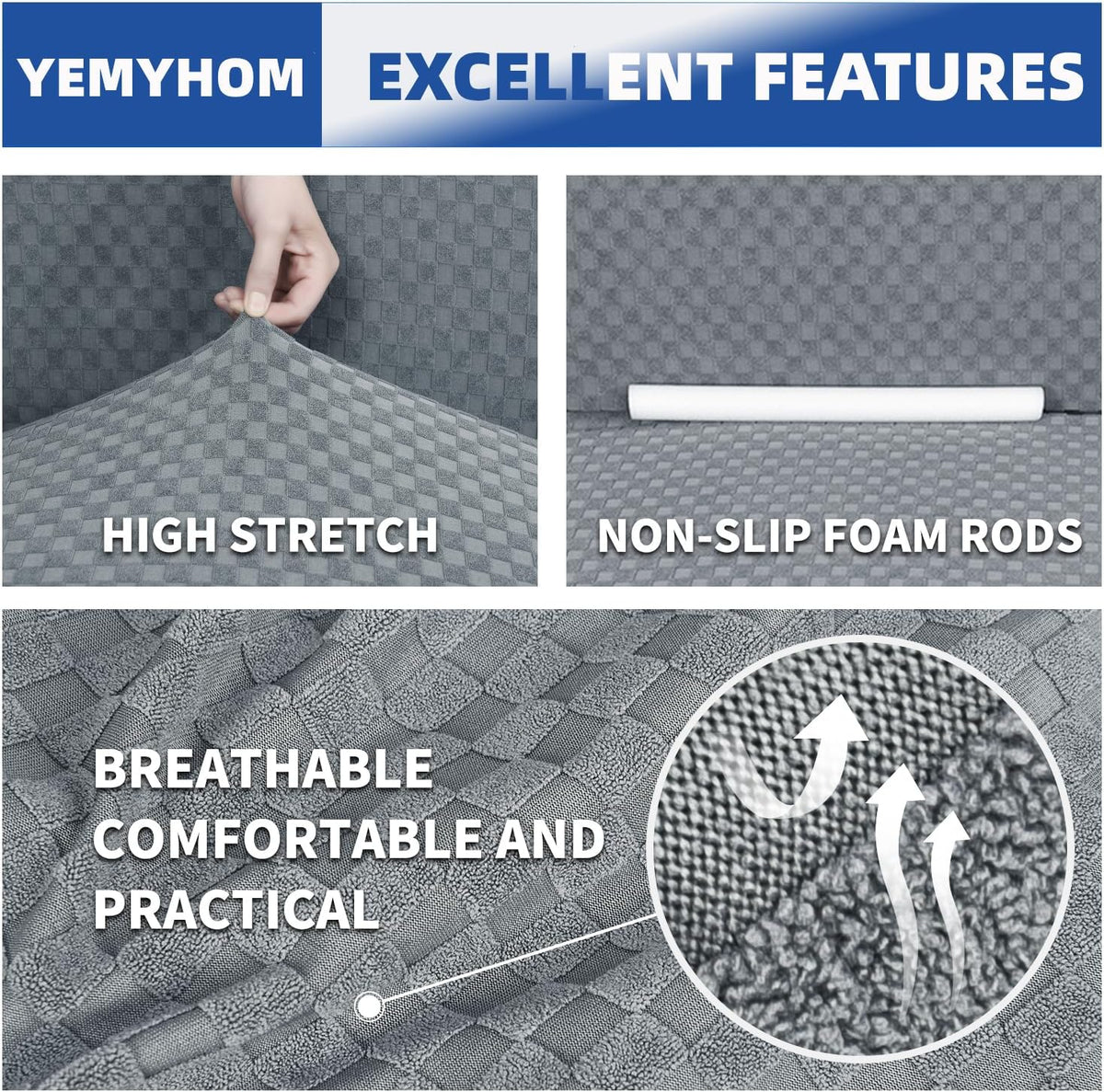 Collage close-ups showing fabric stretch, a non-slip foam rod and the textured jacquard check pattern in gray