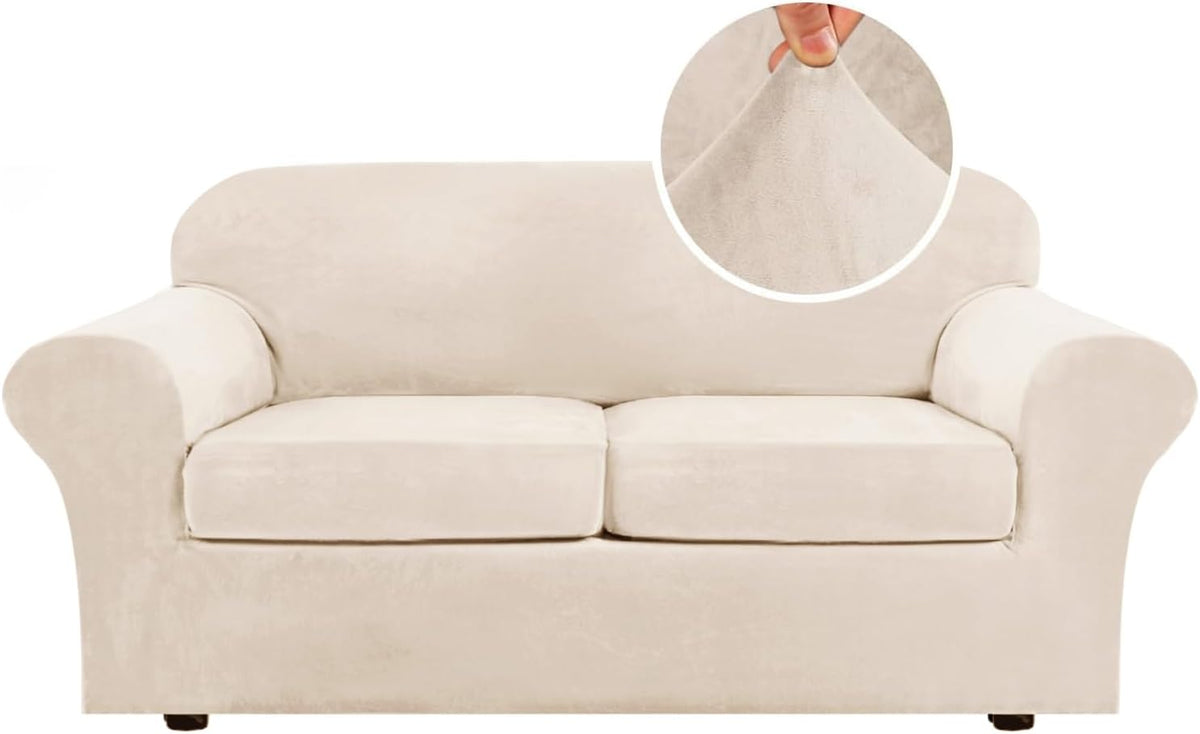 Front view of a cream/ivory two-seat sofa with rounded arms and a round inset showing fabric stretch at top right
