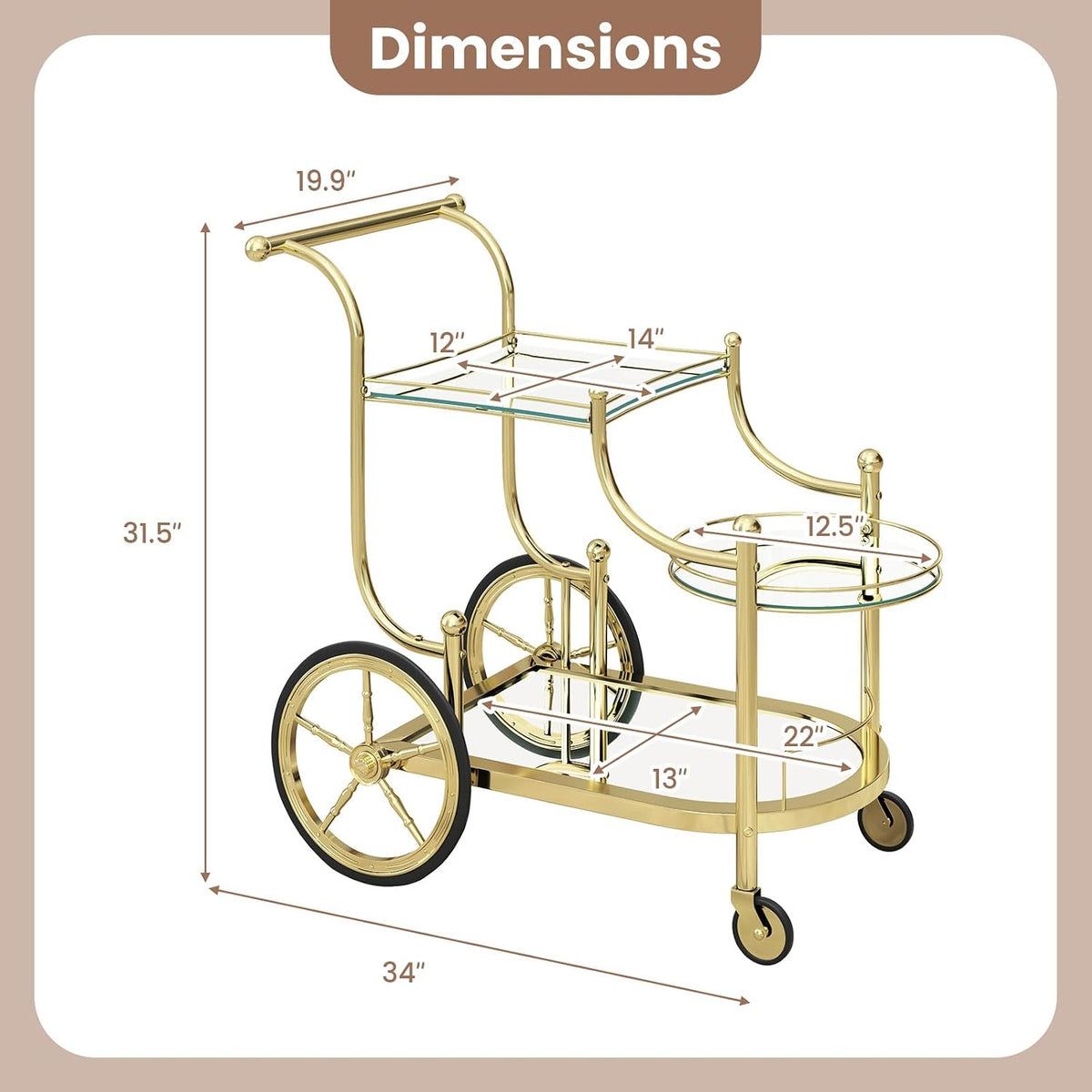 Dimension diagram of a three-tier rolling bar cart with measurement arrows.