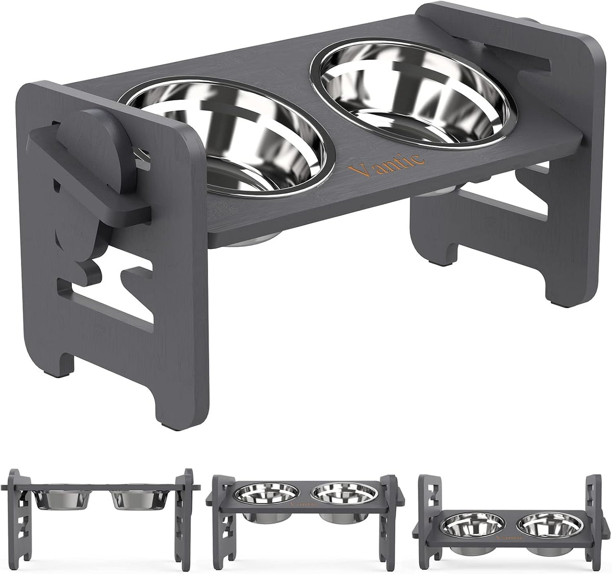 Dark grey painted elevated feeder with two shiny stainless bowls, angled front view.