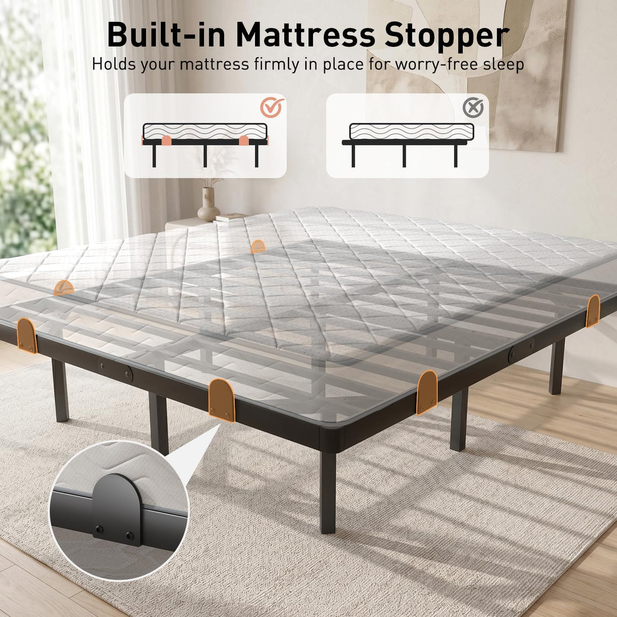 Corner and side mattress stopper clips shown on a black metal frame with inset close-up of a rounded stopper