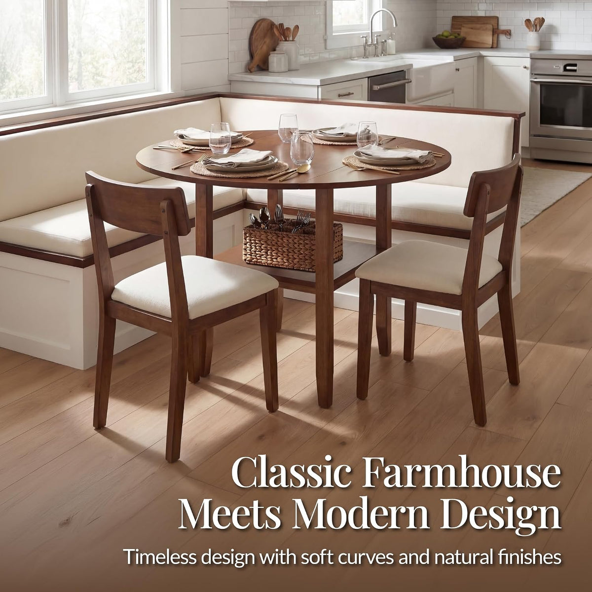 Kitchen nook with chestnut round drop-leaf table between a built-in banquette and two chairs, woven basket on lower shelf