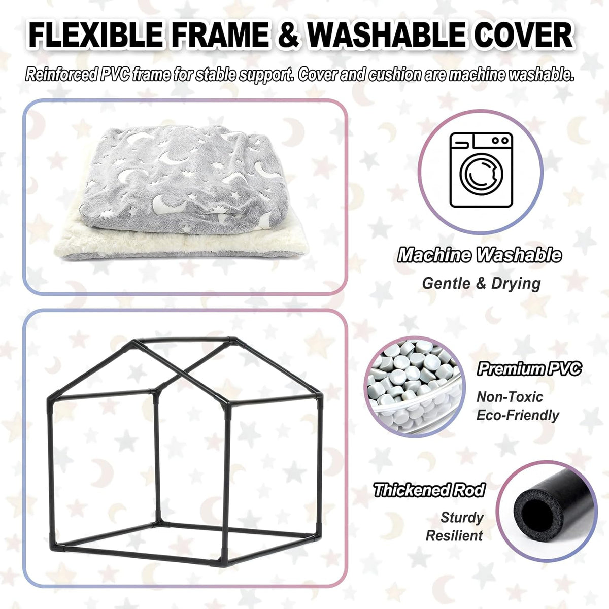 Graphic view of the reinforced PVC frame beside the grey dual-layer washable cover for the dog house