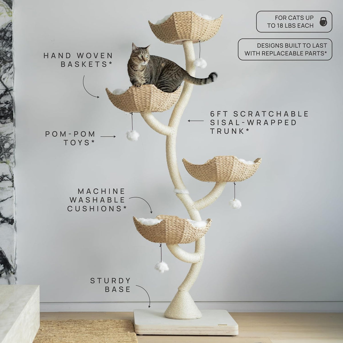 Labeled product diagram highlighting hand-woven baskets, pom-pom toys and the 73-inch scratchable trunk