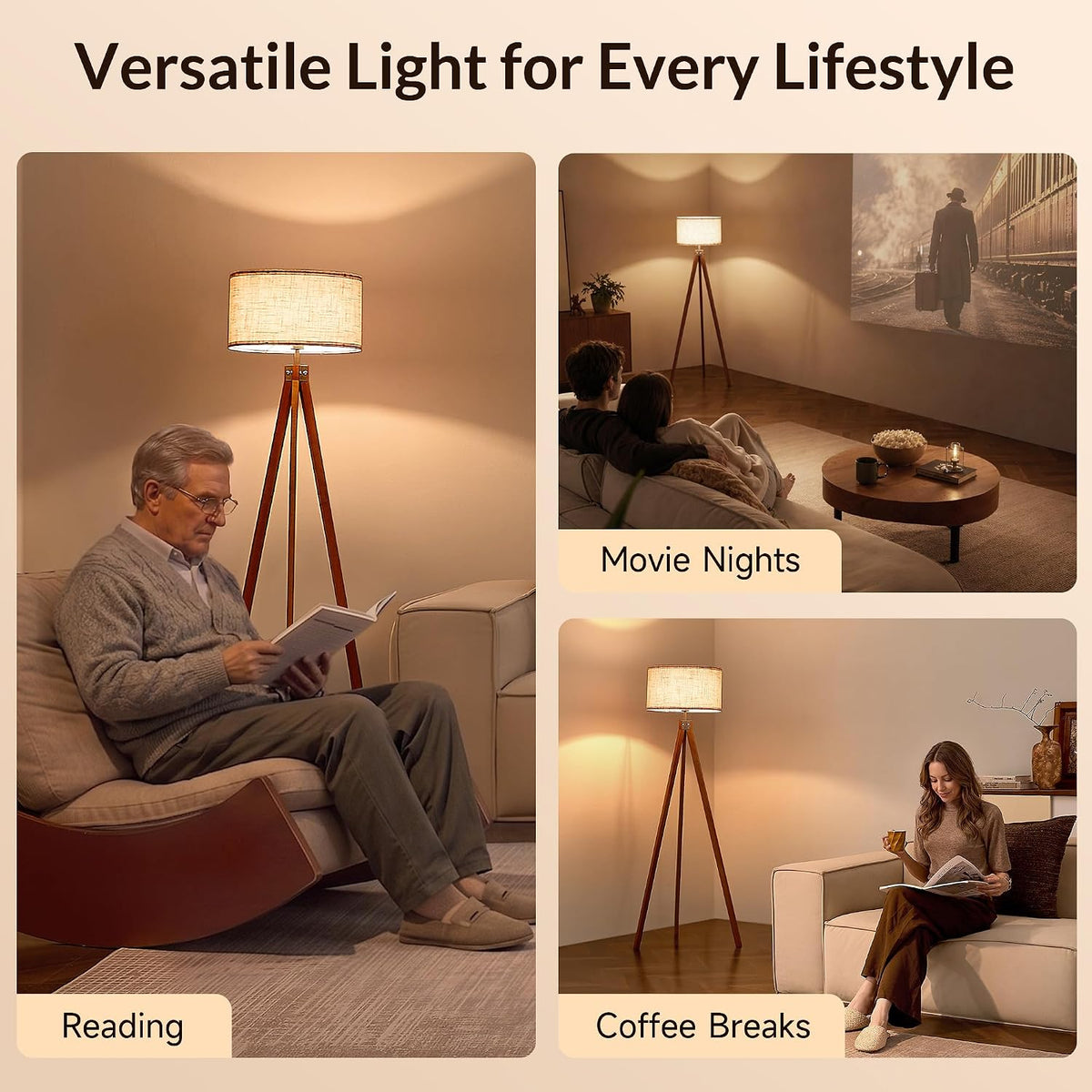 Three-scene collage showing the tripod lamp used for reading, movie nights, and coffee breaks in living spaces