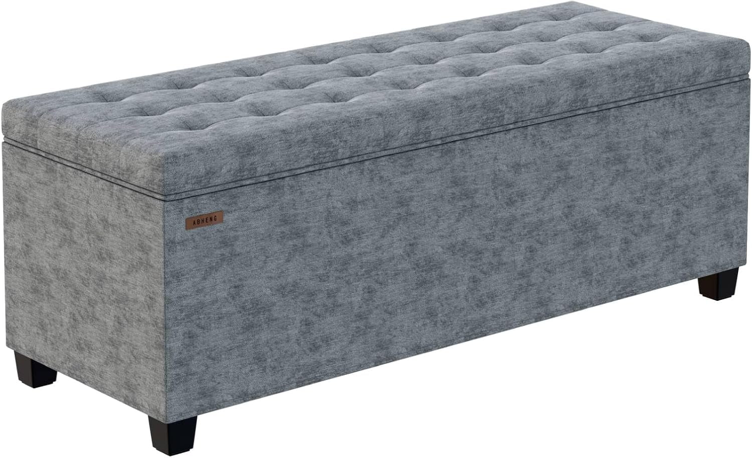 Light gray fabric tufted storage bench with mottled texture and dark square legs