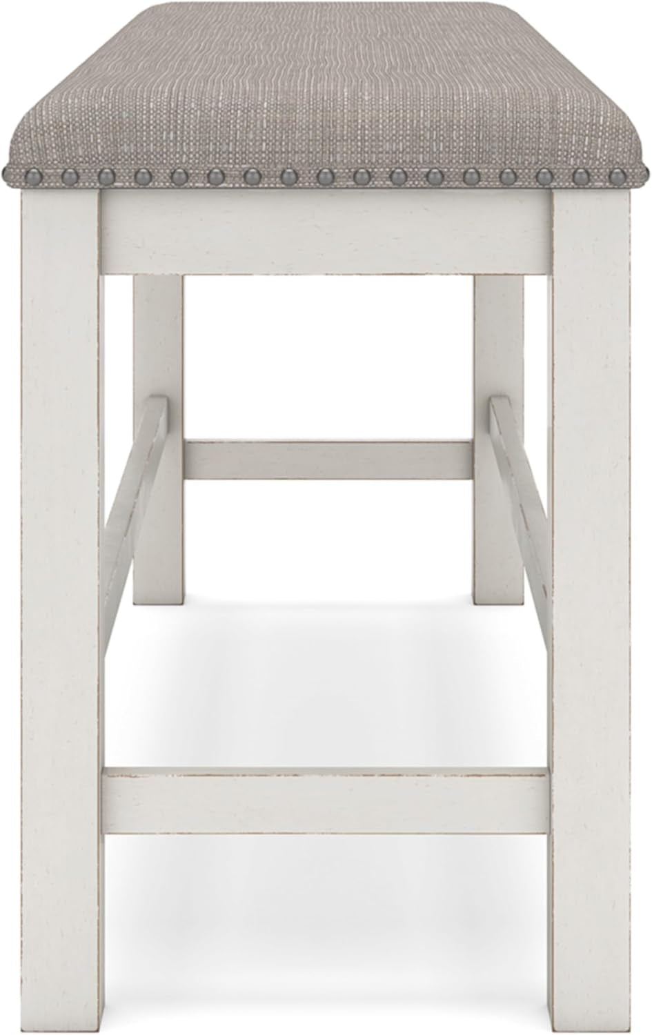 Straight side view of the bench showing leg stretchers and the textured gray seat with metal nailhead detail.