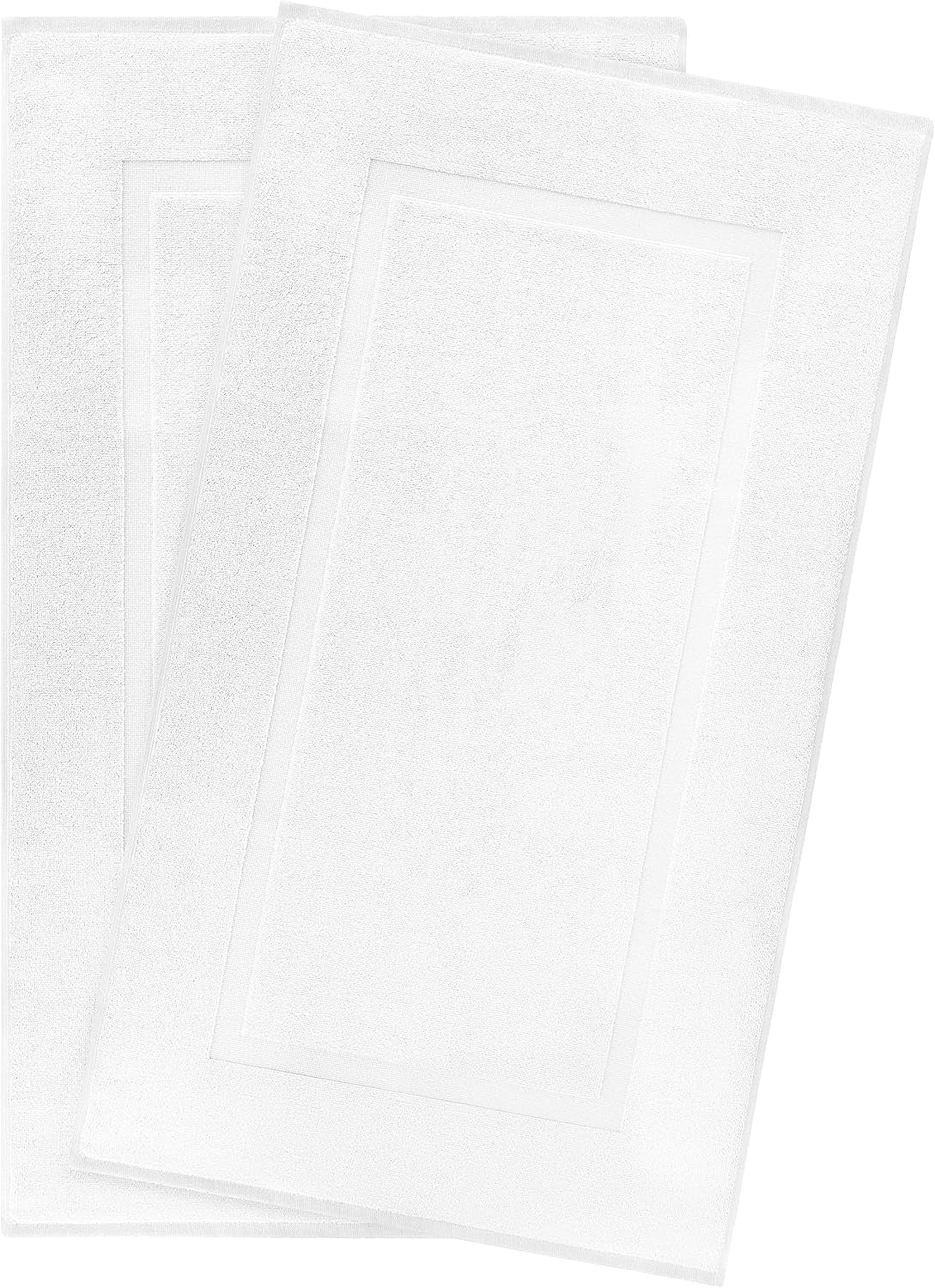 Two white rectangular bath mats overlapped on a white background, showing the inner bordered panel and soft terry surface.