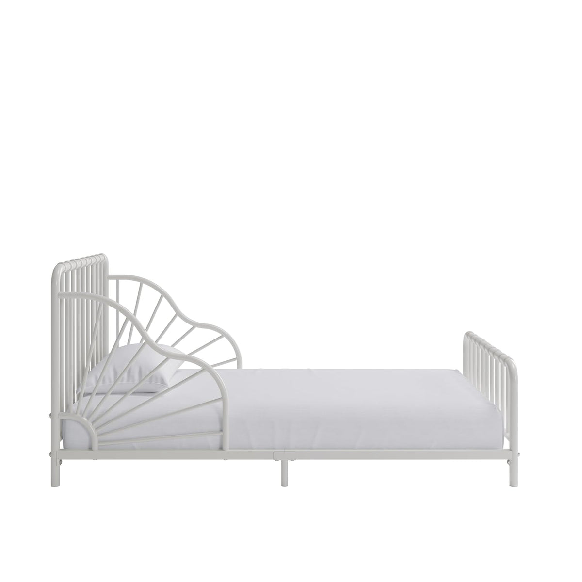 Side profile of an off-white metal toddler bed showing curved sunrise-style guardrail and low frame