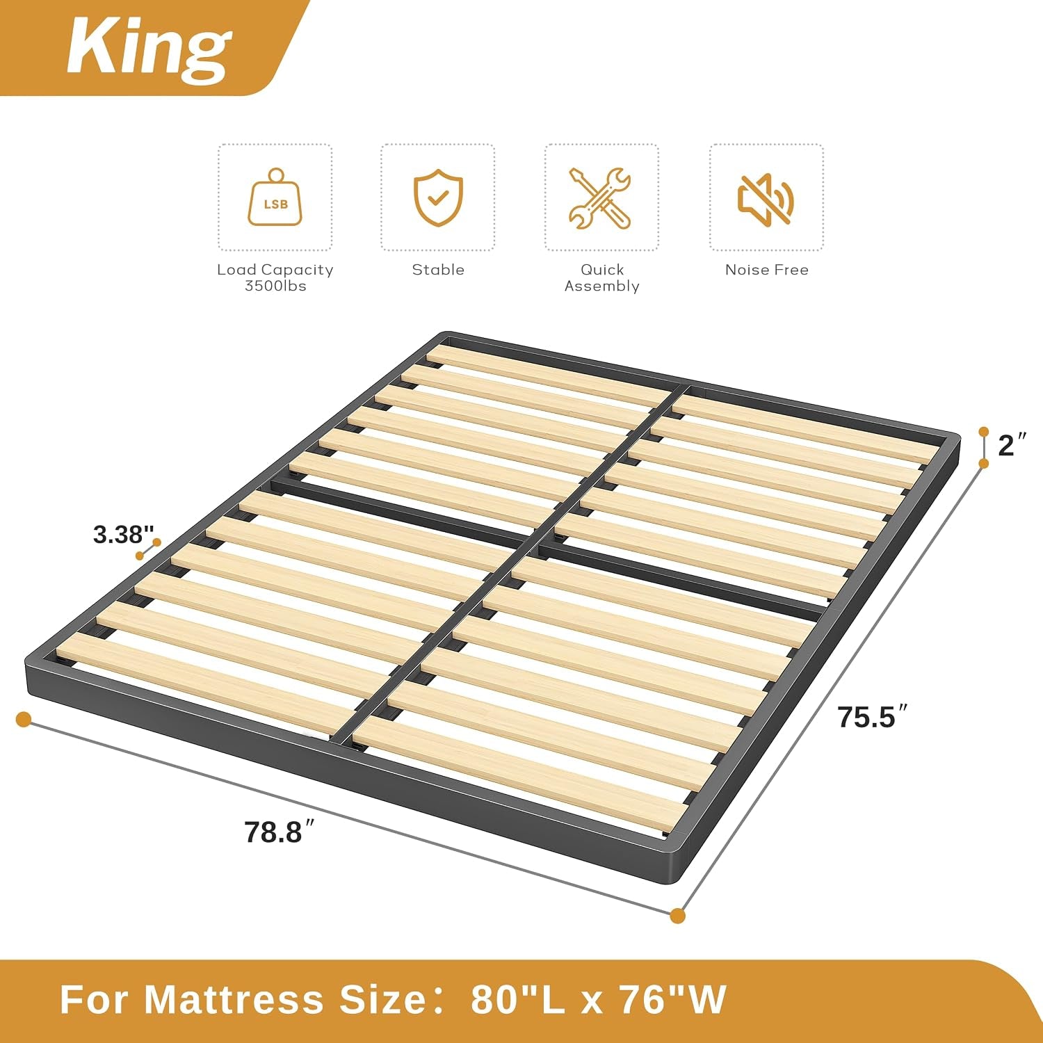 Top-down rendering of the box spring showing wooden slats with labels for 78.8" × 75.5" and 2" height