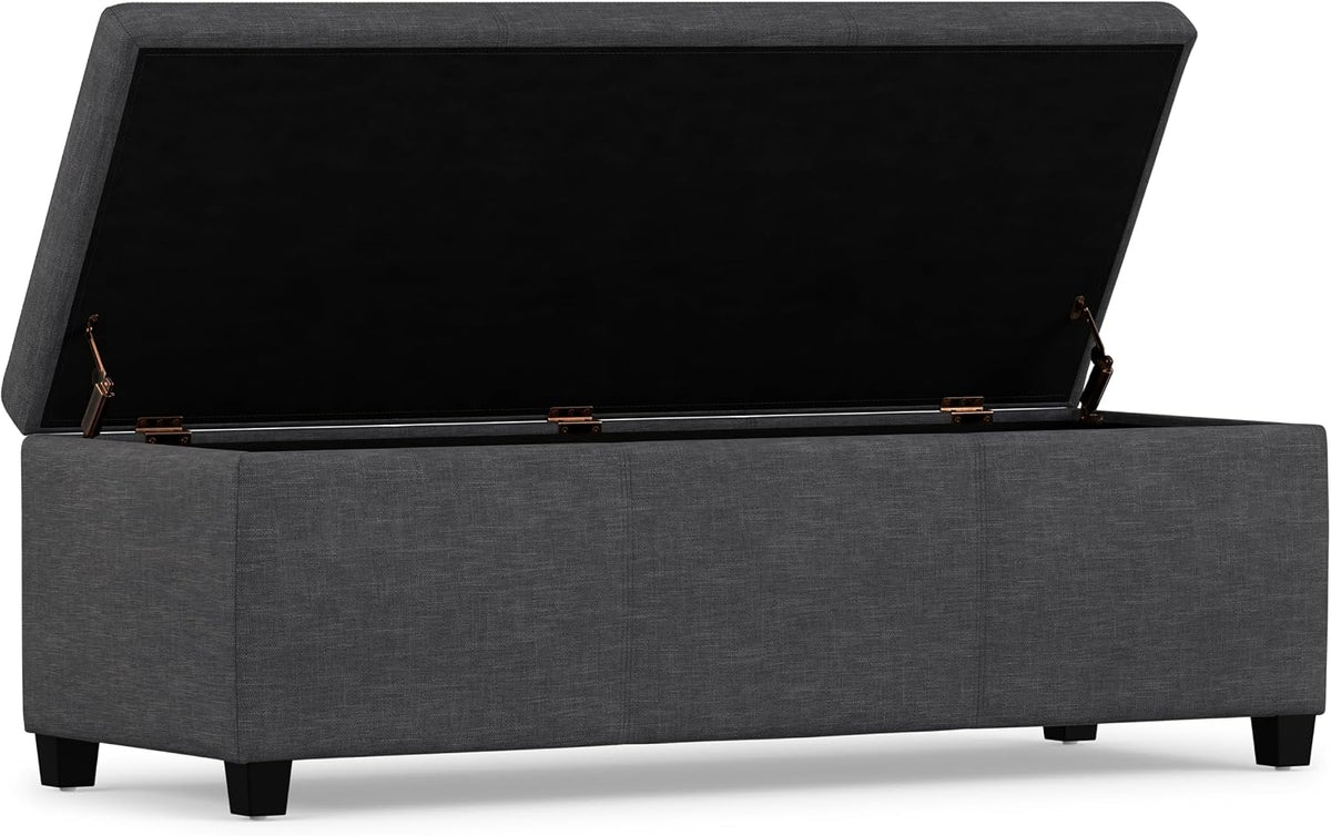 Slate grey storage ottoman bench with lift-top open showing hinges and internal compartment on white background