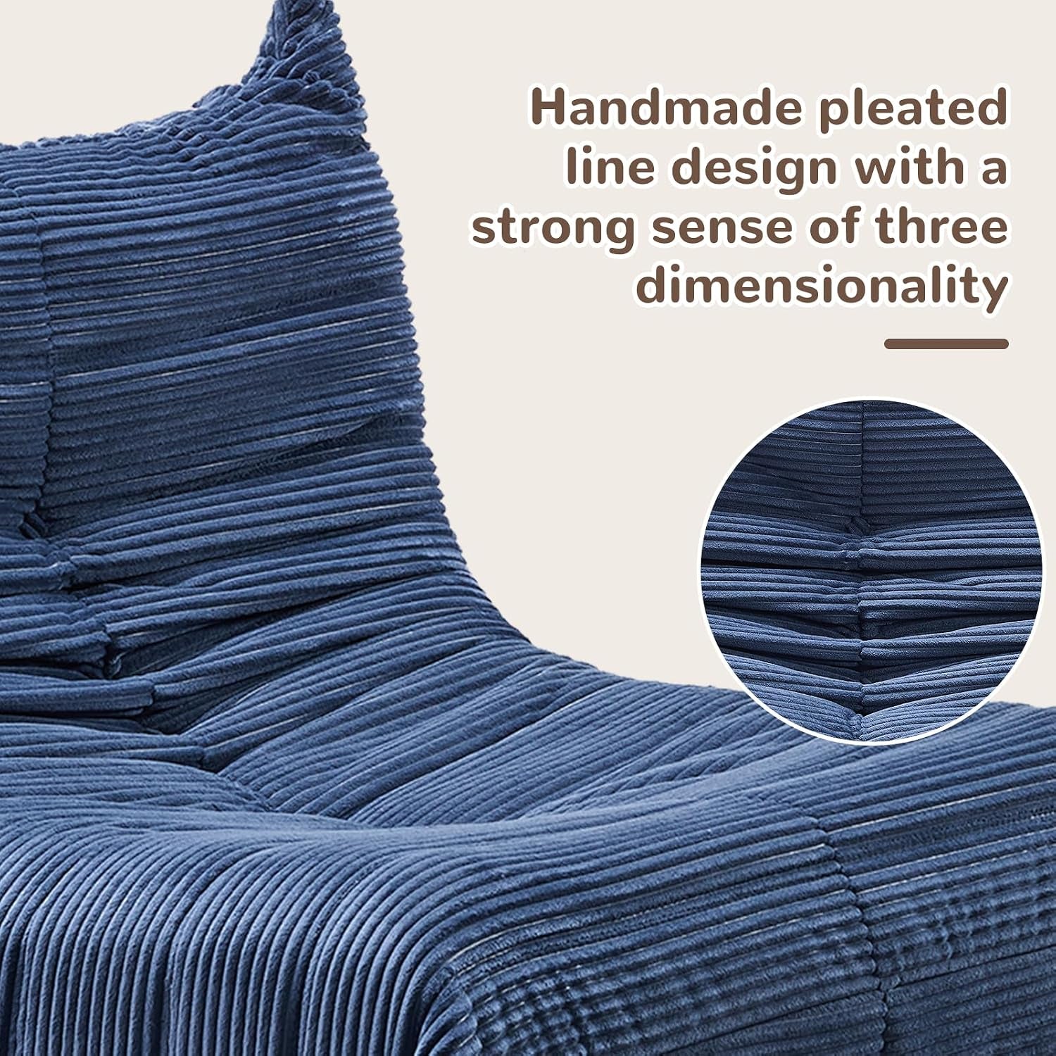 Angled close-up of pleated, button‑tufted seams on a blue teddy‑velvet lounge chair.