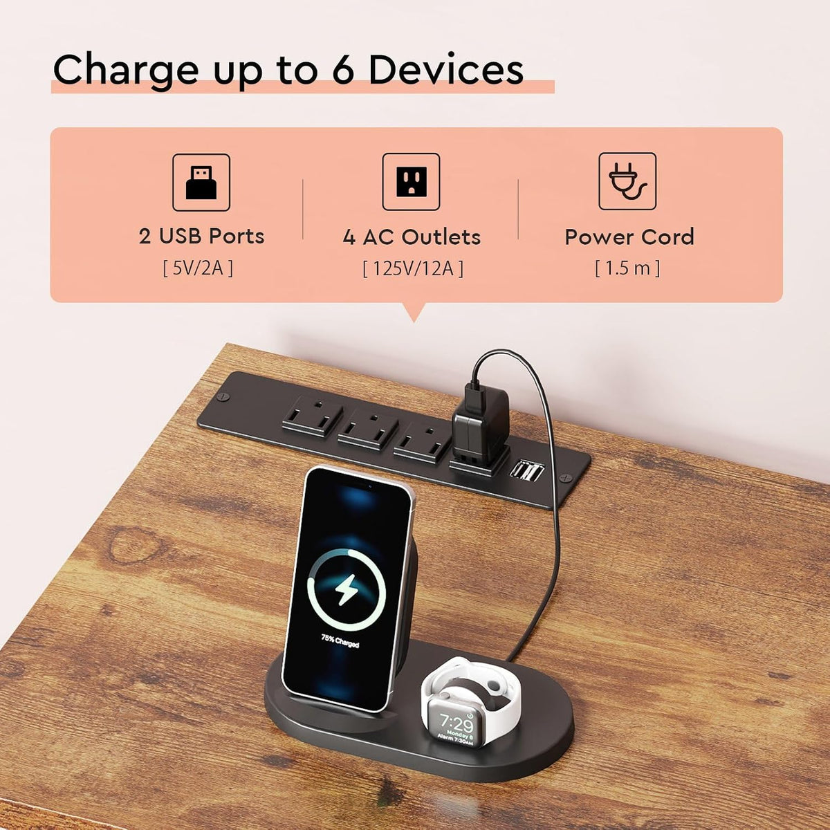 Close-up of the cabinet top showing the built-in charging station with AC outlets and USB ports and devices charging
