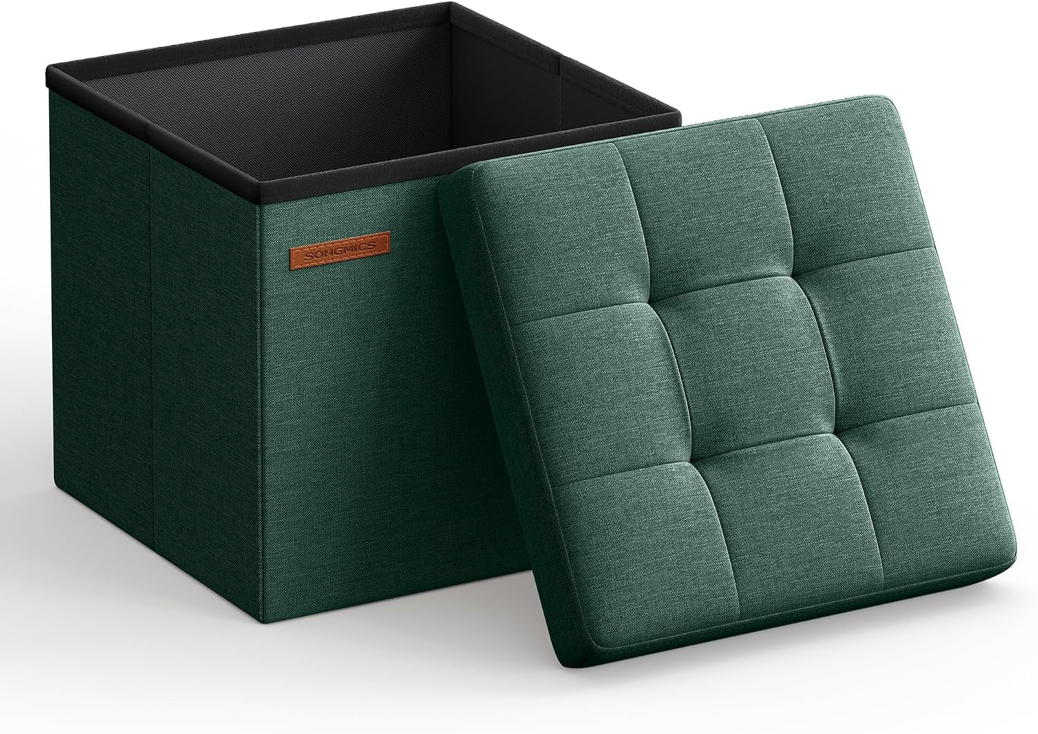Open dark-green square storage ottoman with a tufted green lid resting against the side