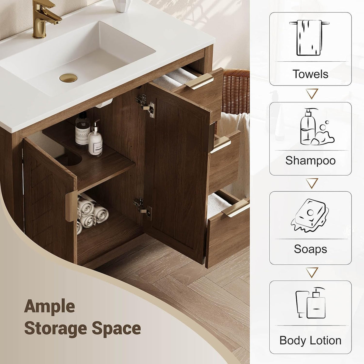 Interior storage view showing rolled towels and toiletries inside cabinet to illustrate ample storage space