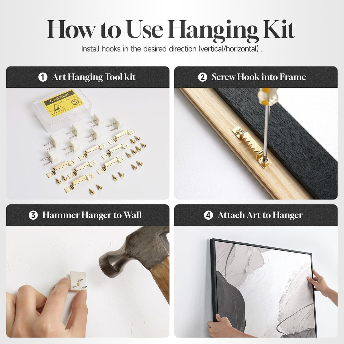 Four-step collage showing hanging kit components, screwing a hanger to the frame, hammering a wall hanger, and mounting the