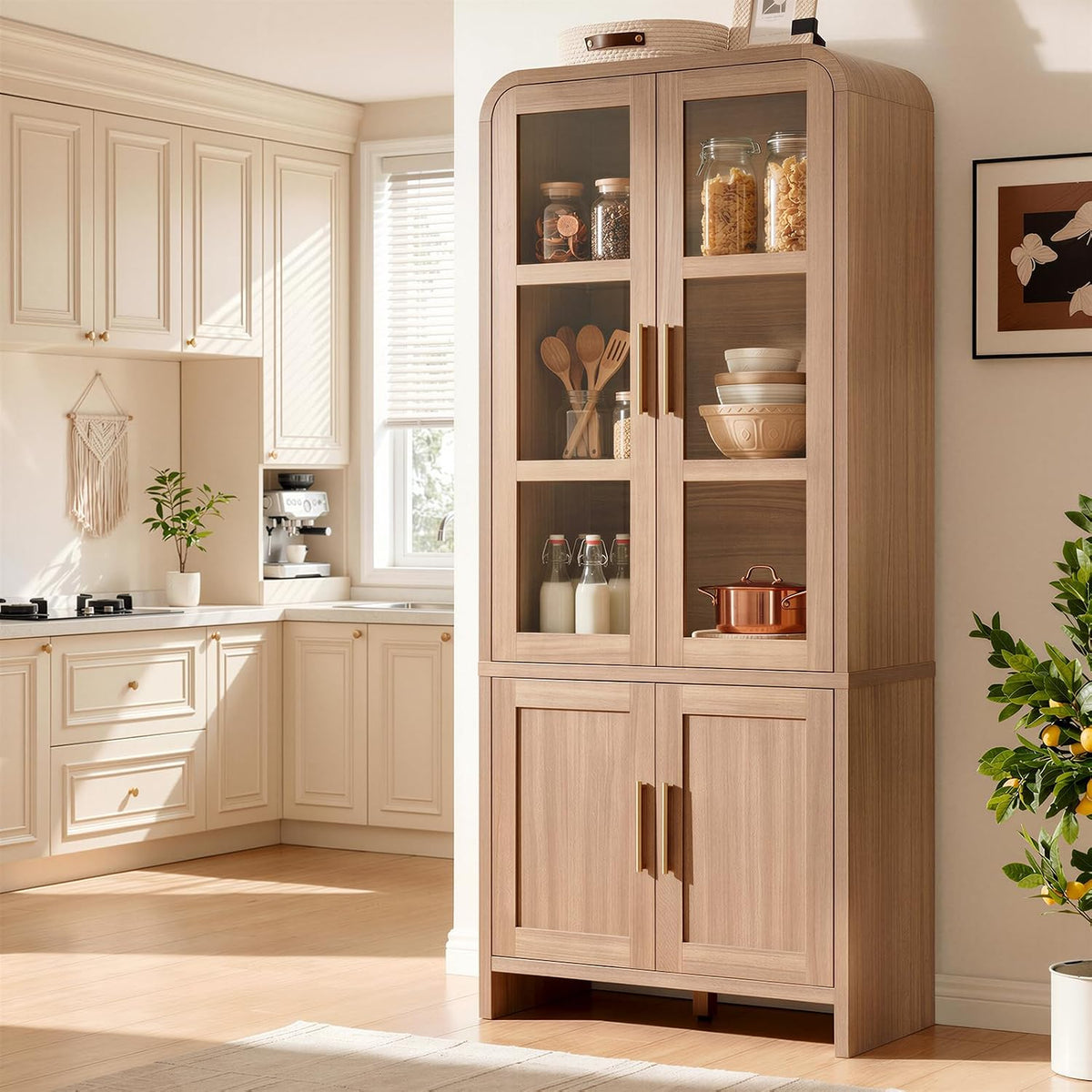 Single light oak pantry cabinet placed in a bright kitchen corner with jars and bowls on display.