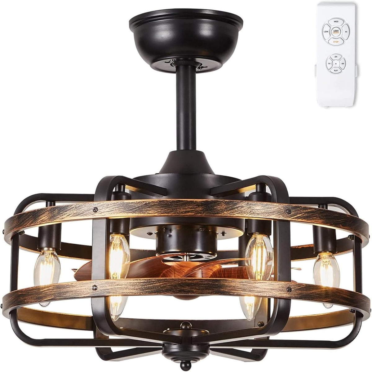 Bronze metal caged ceiling fan close-up showing six candle-style bulb sockets and wood-look blades with remote