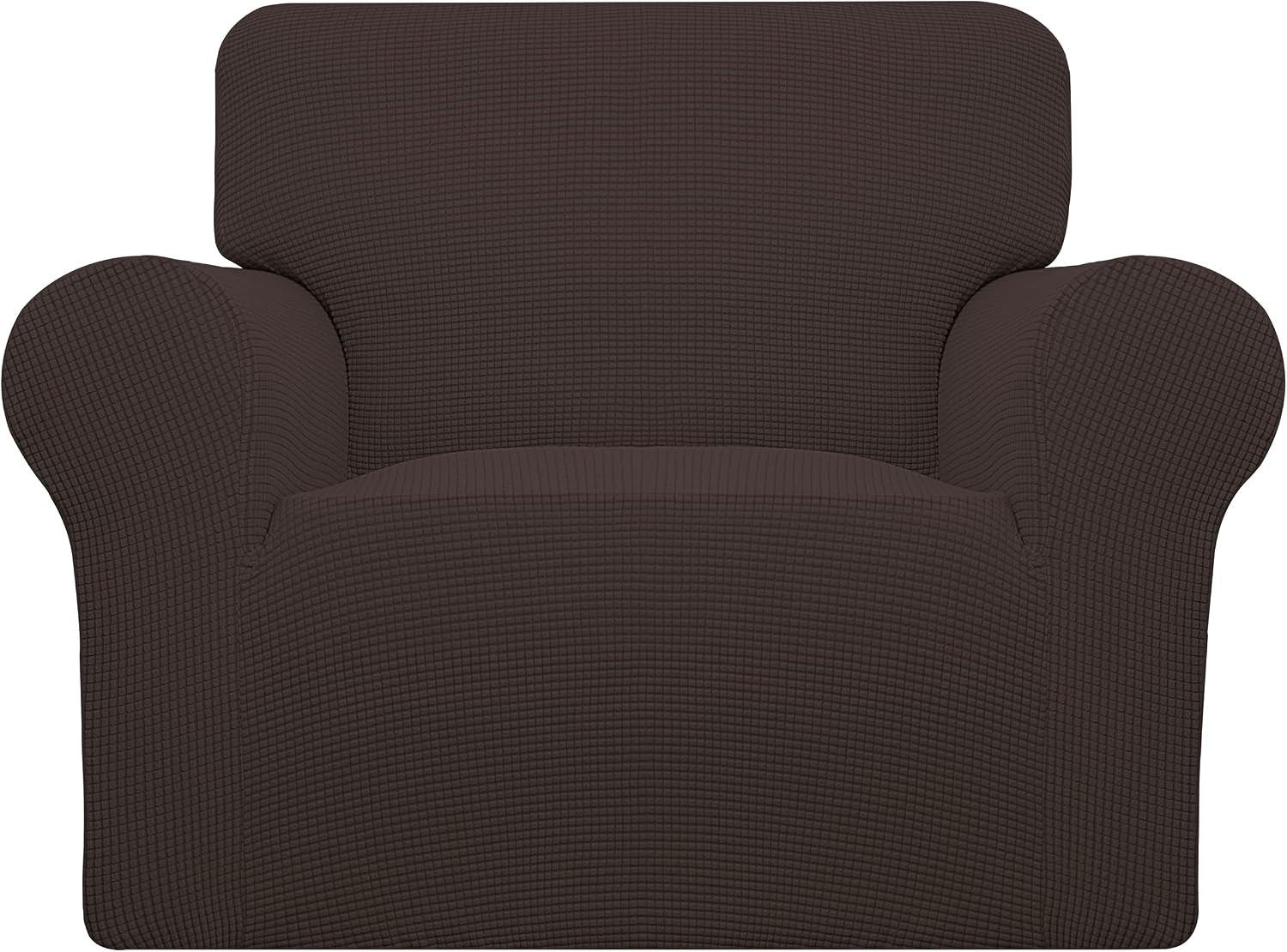 Front view of a single-seat armchair covered in a textured dark brown stretch slipcover.
