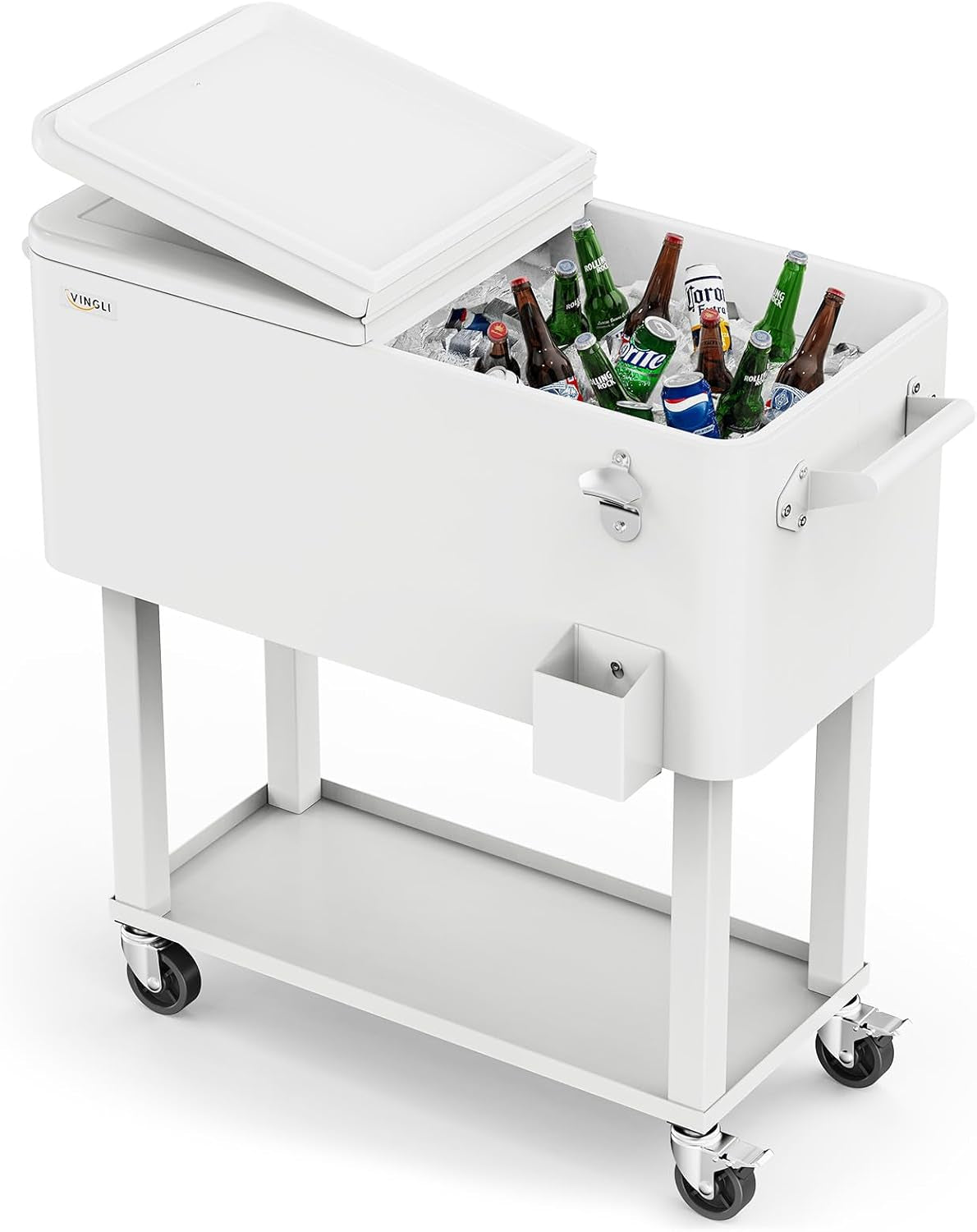 White rolling ice chest on legs with open lid, drinks and ice visible, side handle and wheels