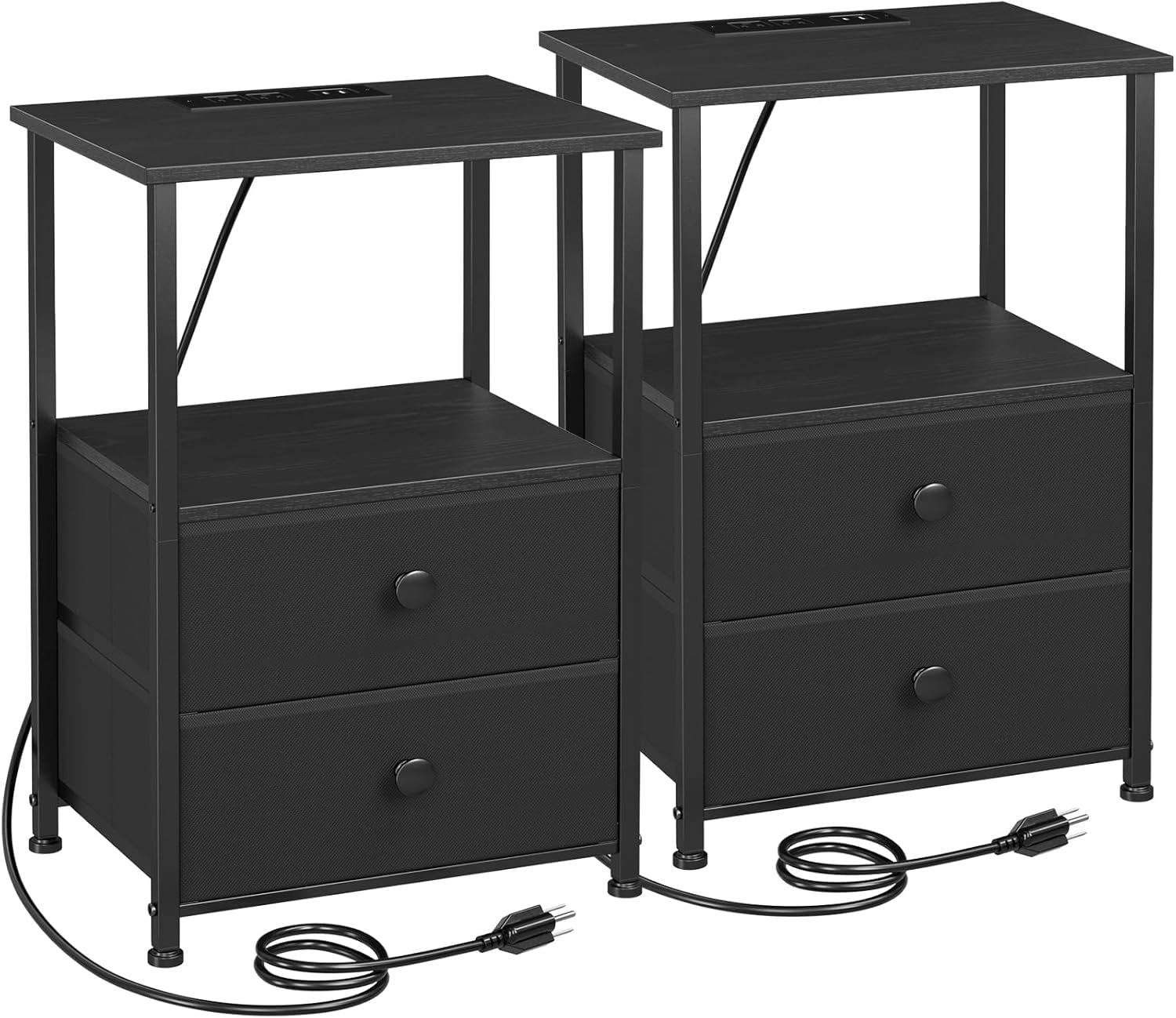 Pair of dark black nightstands shown plain against white background with cords laid in front