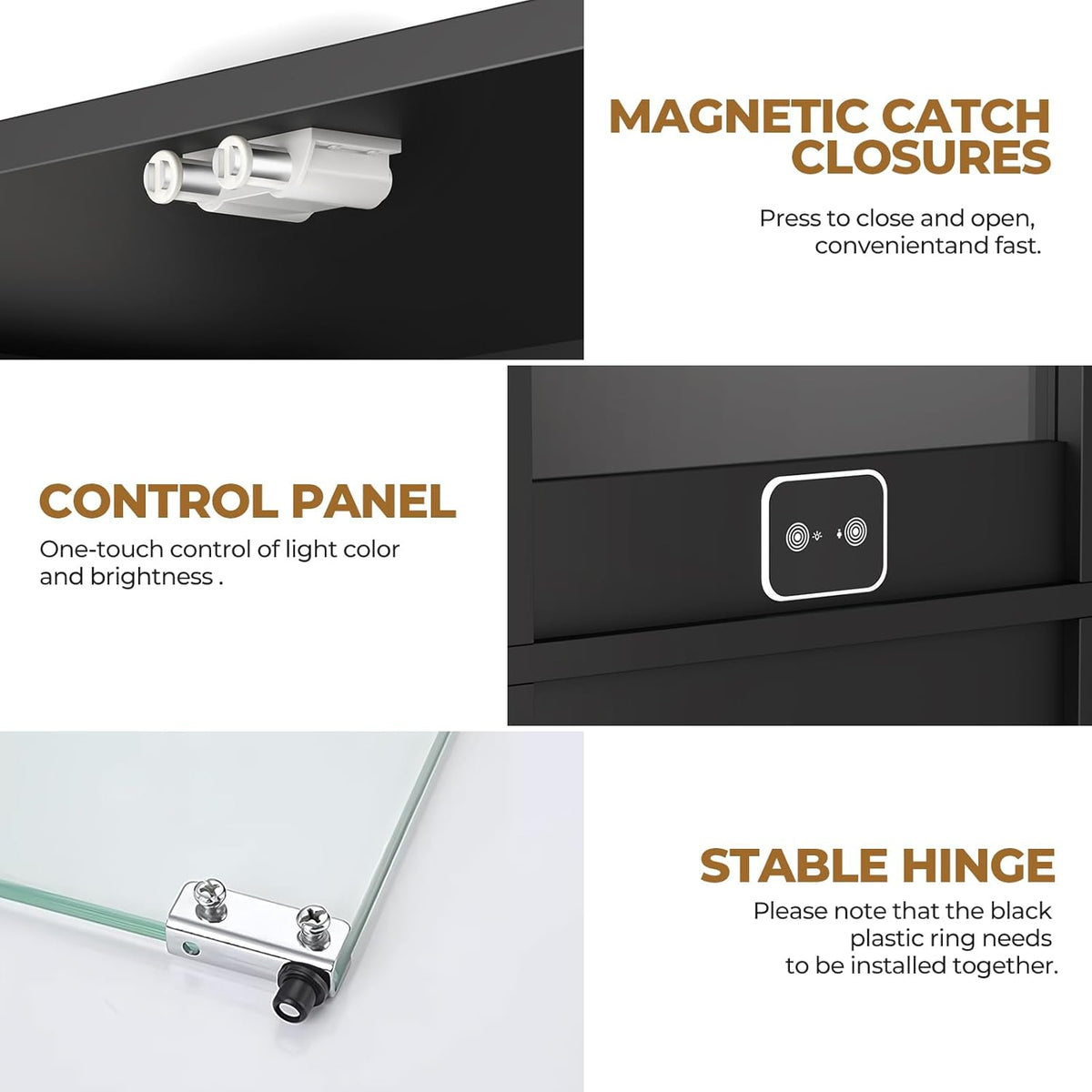 Three close-up product details: magnetic catch, touch control panel, and a glass hinge on white background.